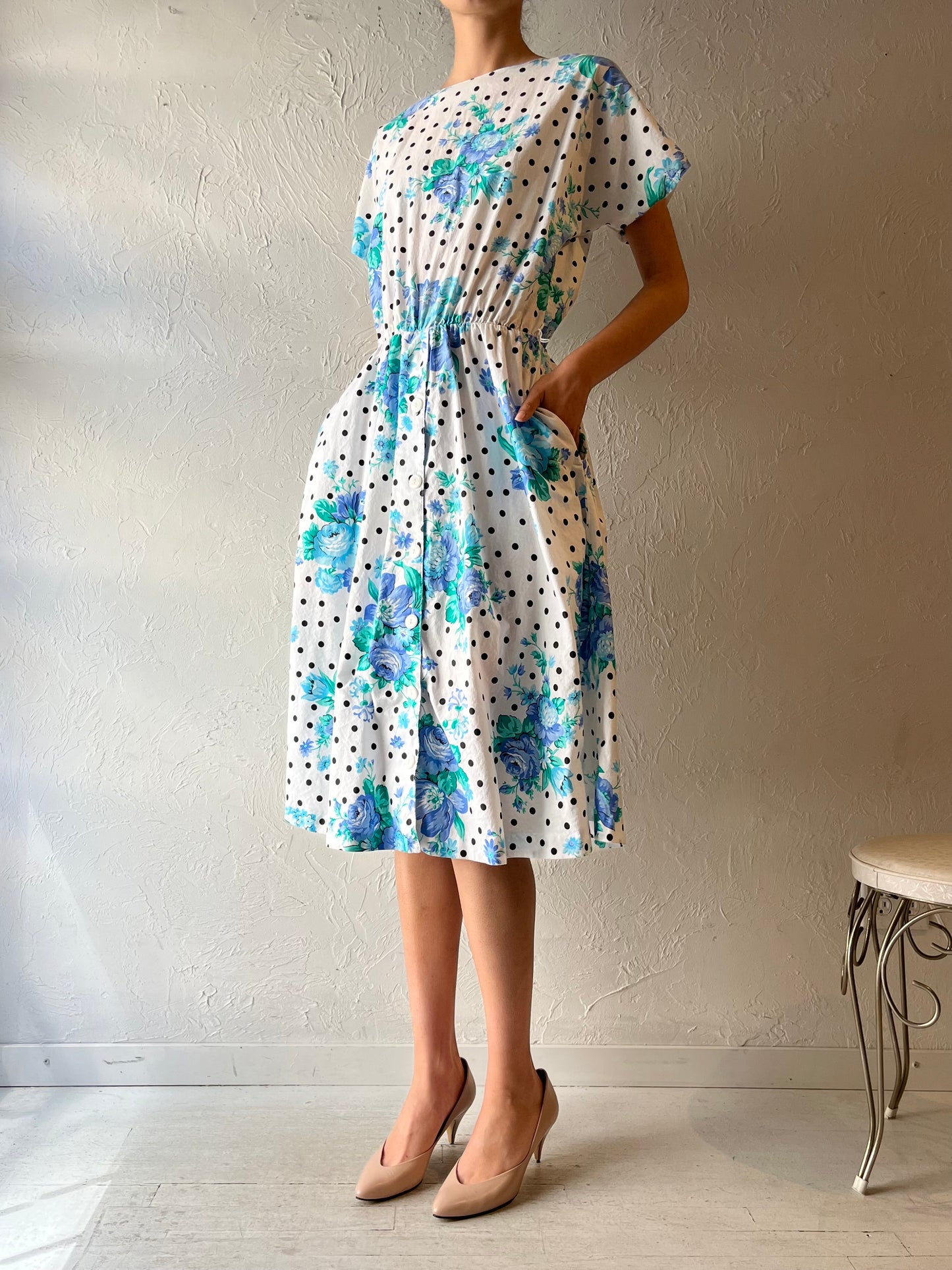 80s 'New Looks' Floral Retro Cottagecore Summer Dress / Vintage 1980s Romantic Boho Garden Party Dress / Medium