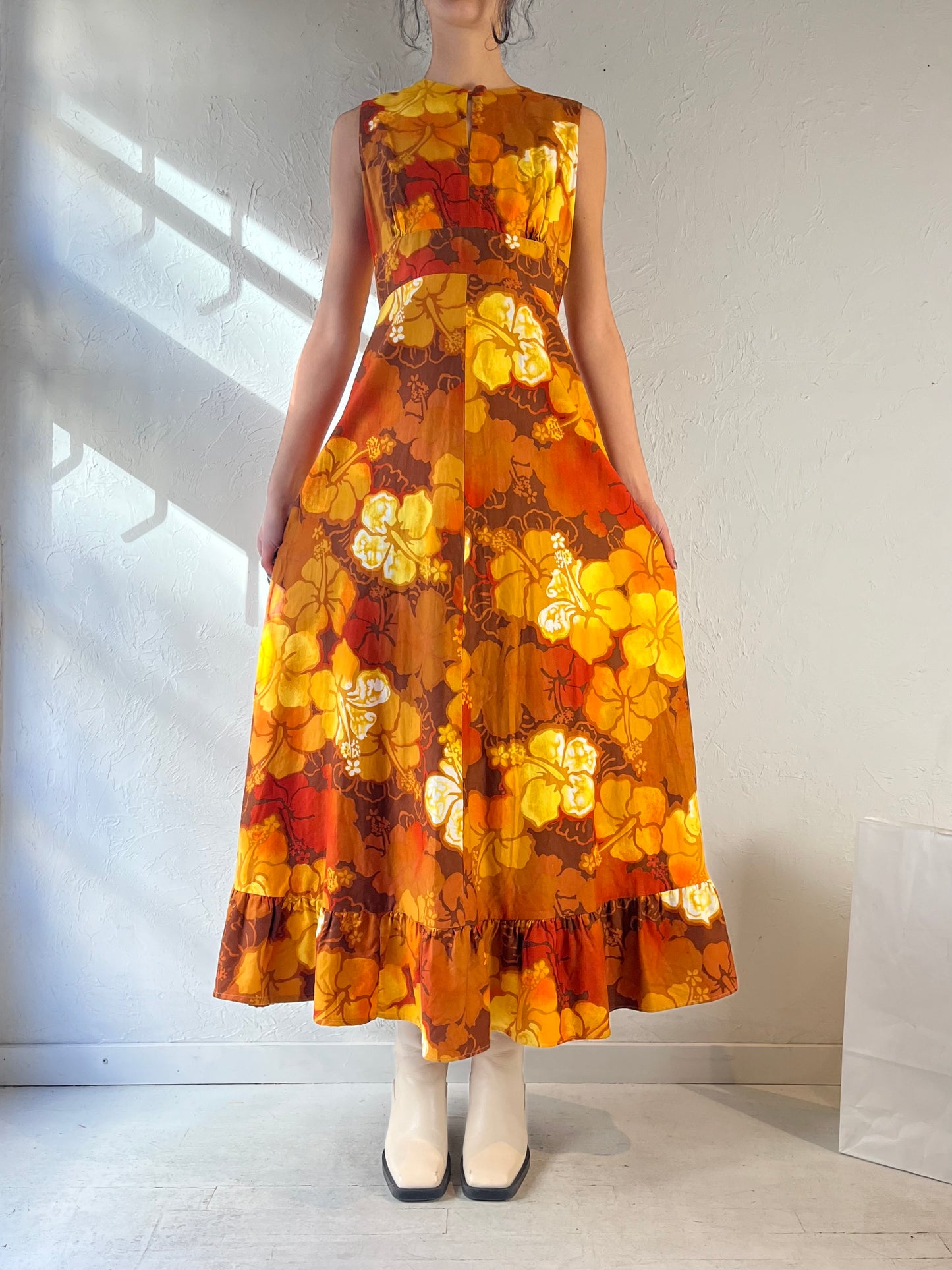 70s Yellow Orange Tropical Print Sleeveless Key Hole Maxi Dress / Small