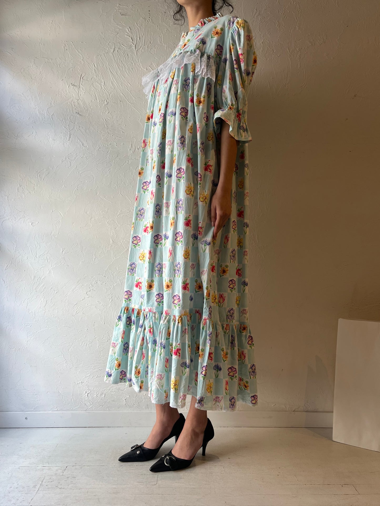 Vintage Light Blue Checker Floral Maxi Dress / Medium