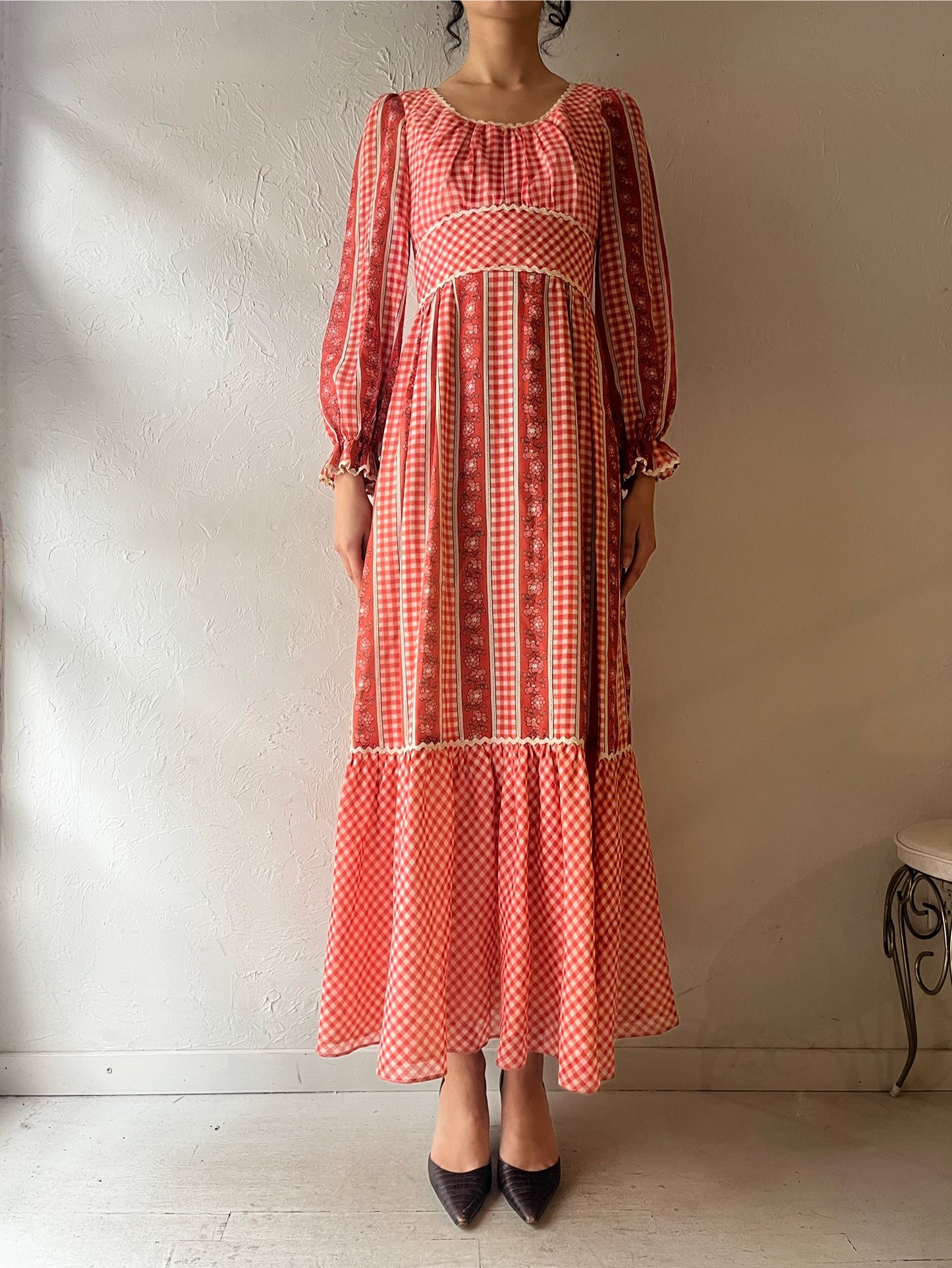 70s 'Nu Mode' Pink Gingham Peasant Dress / Small