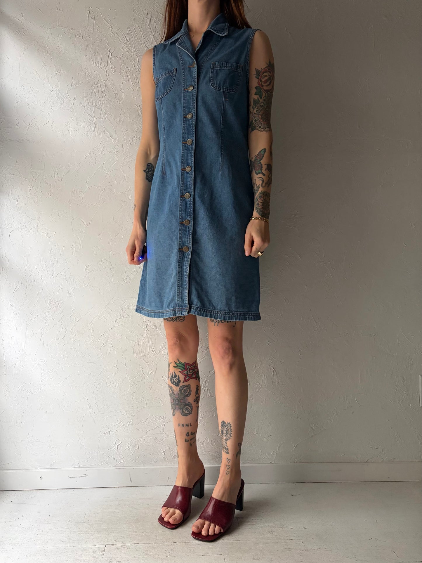 90s 'Woodpecker' Denim Western Button Up Mini Dress / Vintage 1990s Cowboy Summer Dress / Small