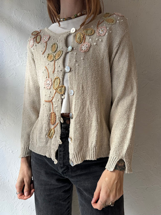 90s ' Victoria Holley' Beige Floral Cardigan Sweater / Xl