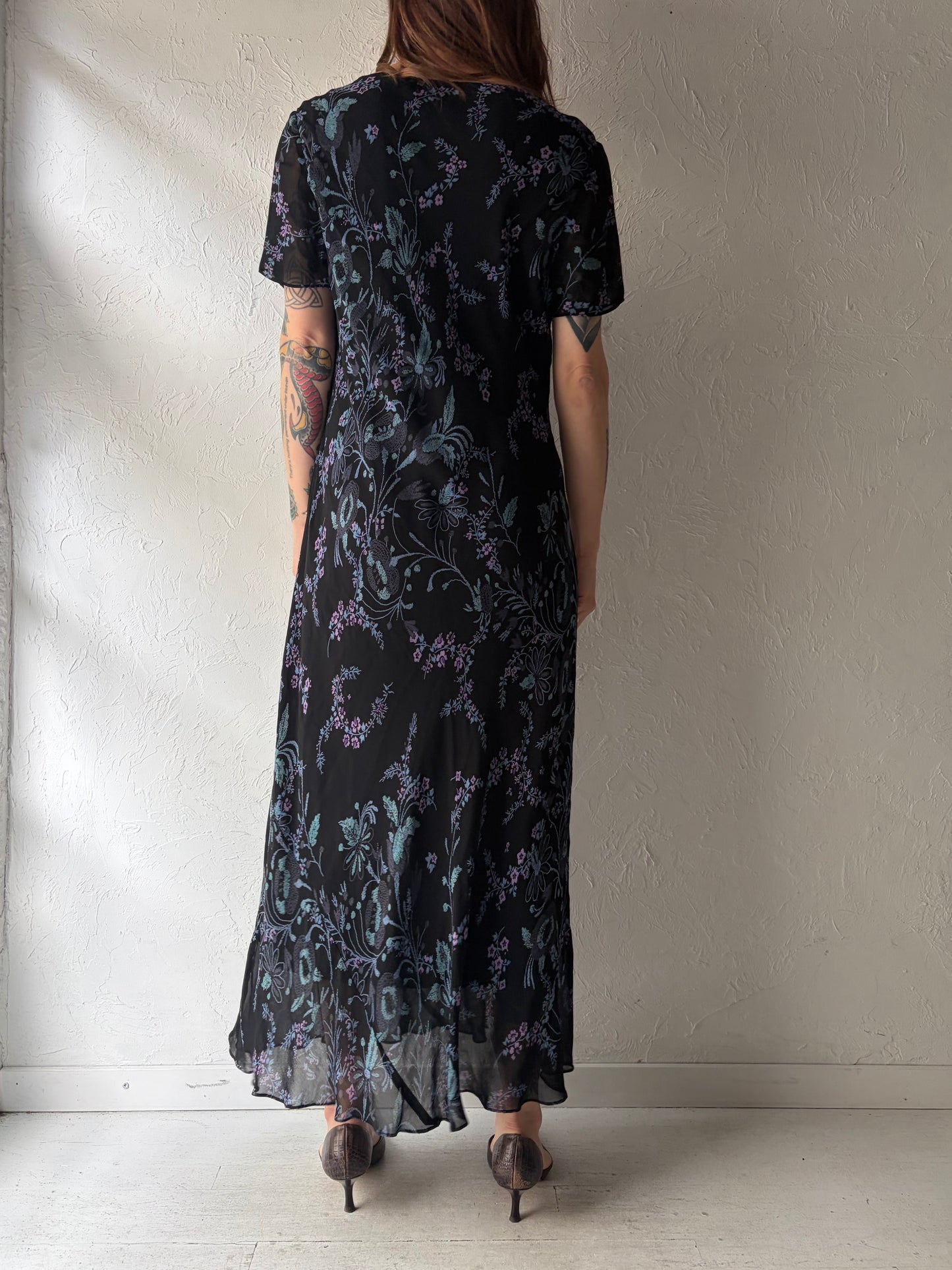 Y2k 'Eva Blue' Black Floral Romanic Summer Dress / Vintage 2000s Flowy Maxi Formal Dress/ Large