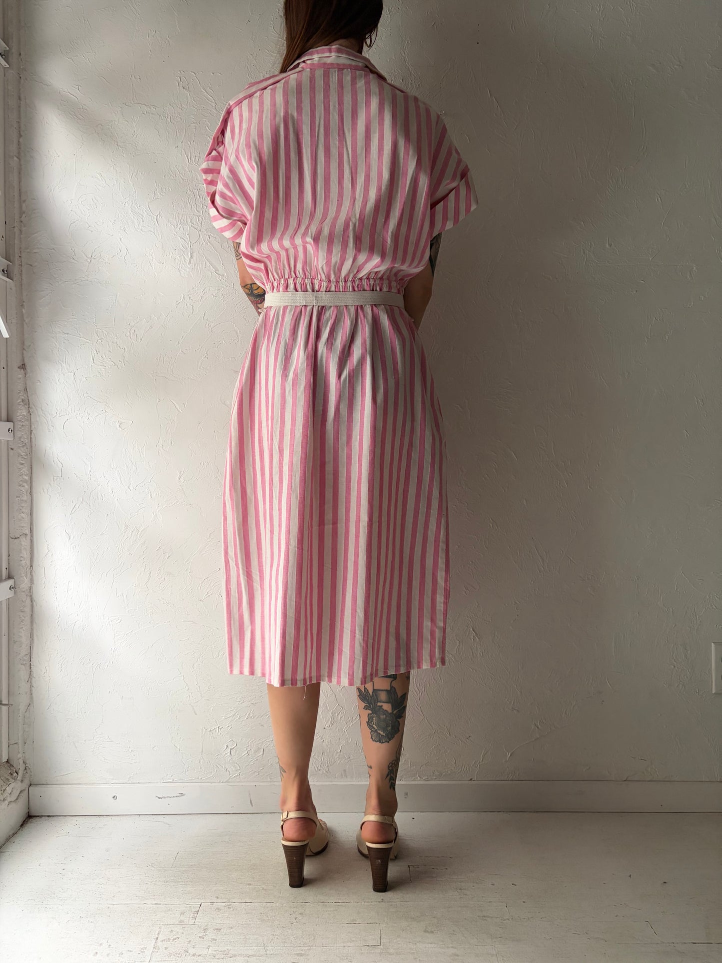90s 'Sears Traditions' Dead Stock Vintage Pink Striped Collared Spring Dress / XL
