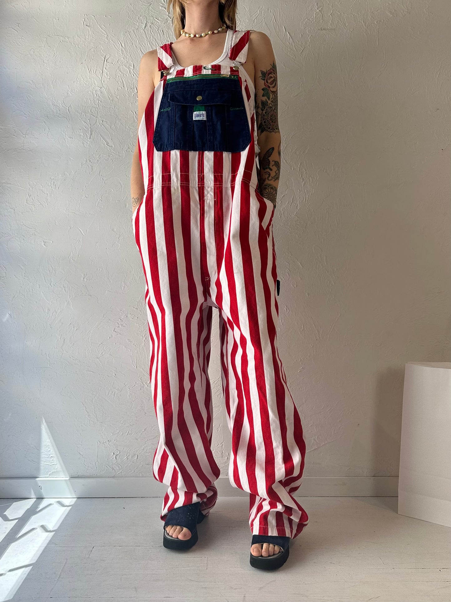 Y2k 'Liberty' Striped Denim Overalls / XL