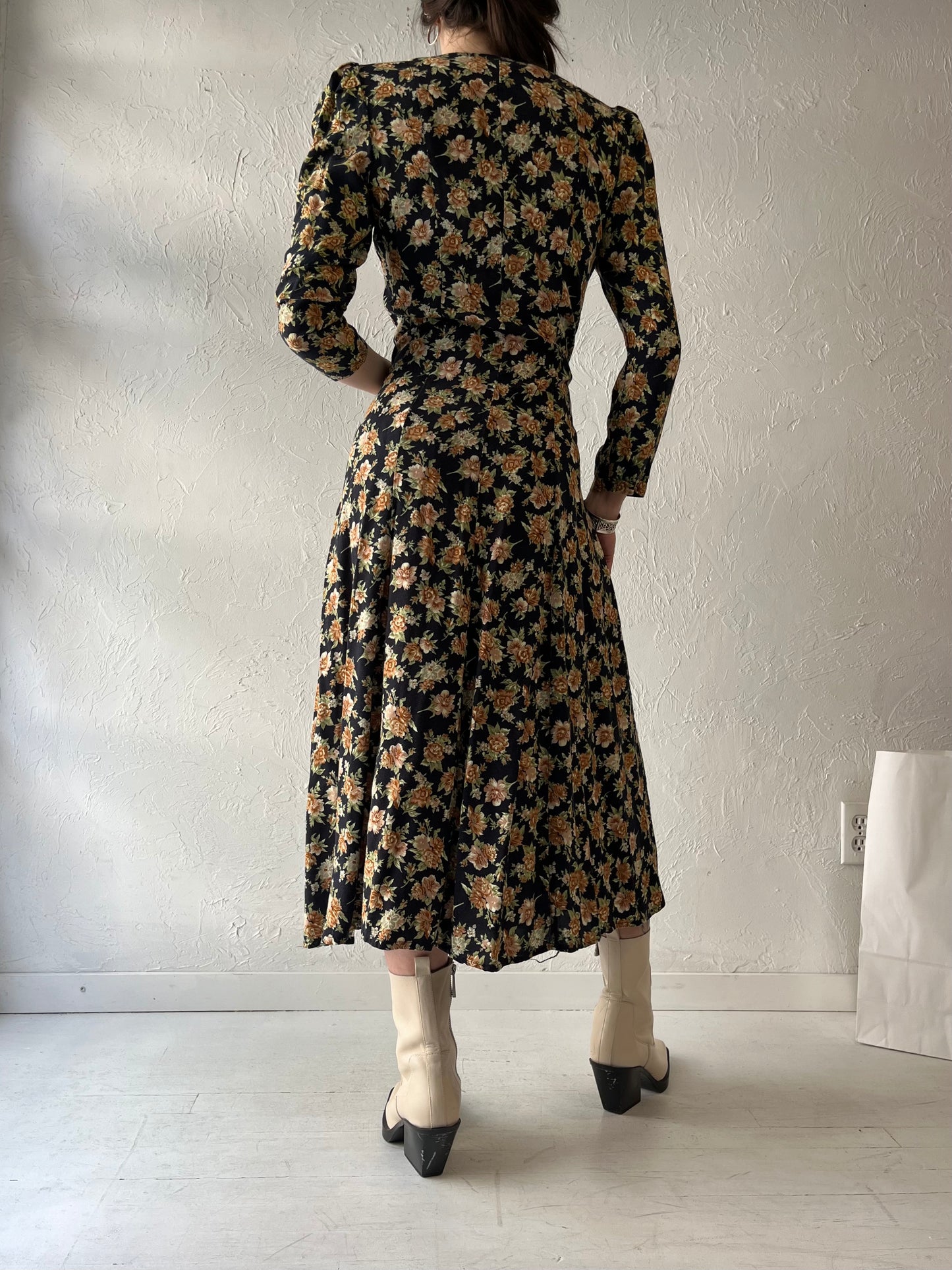 90s 'Chablis' Long Sleeve Floral Print Rayon Dress / Small