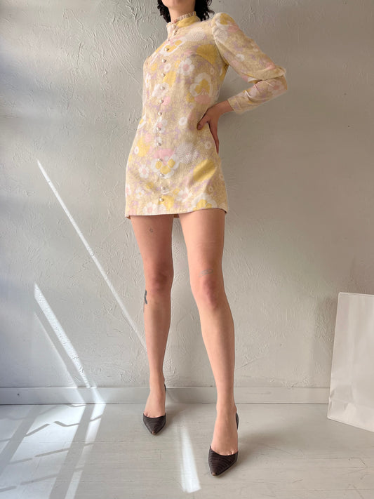 70s 'Pantel' Floral Micro Mini Long Sleeve Dress / XS