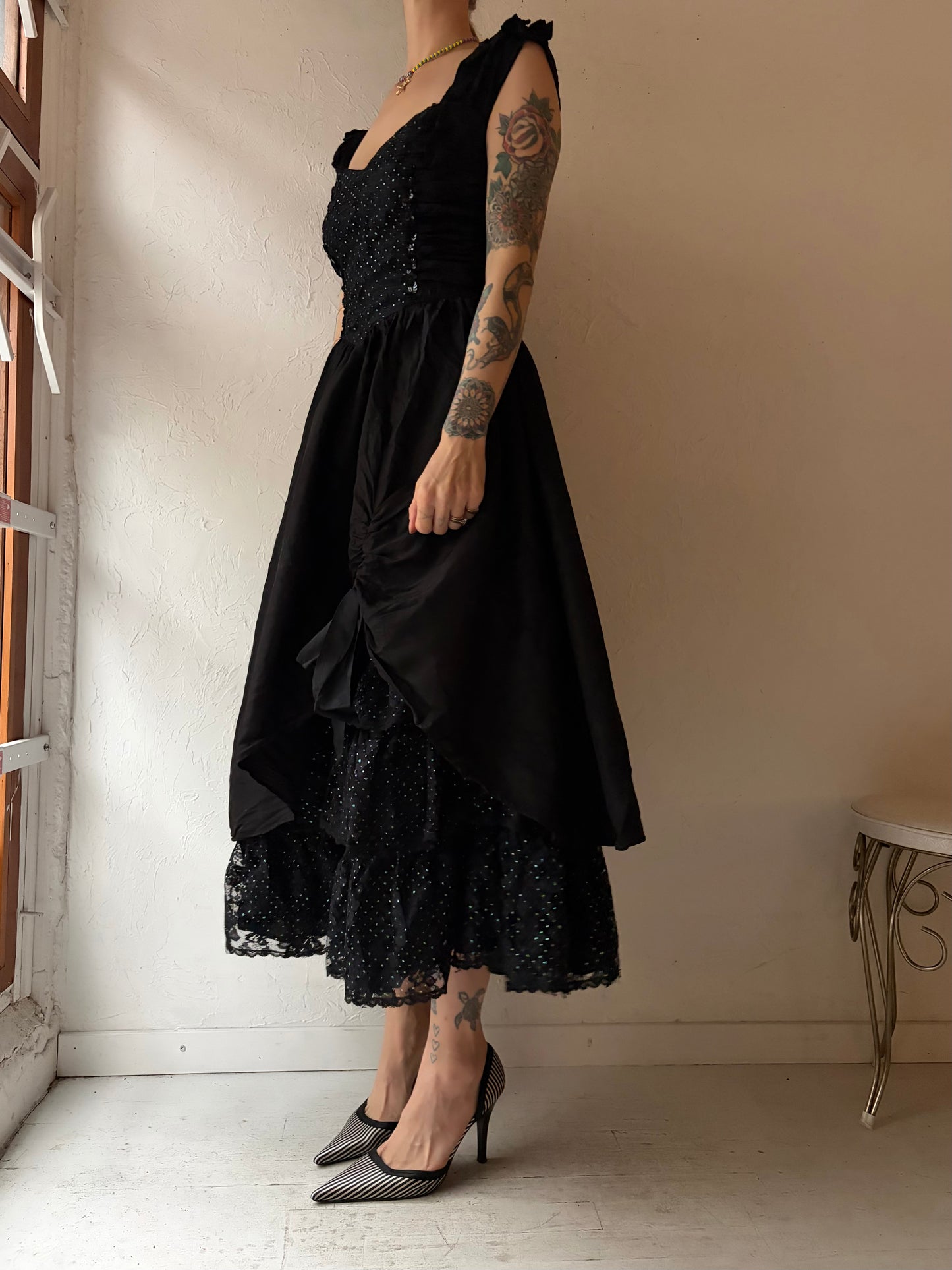 80s 'Gunne Sax' Black Sequin Formal Gown / Small