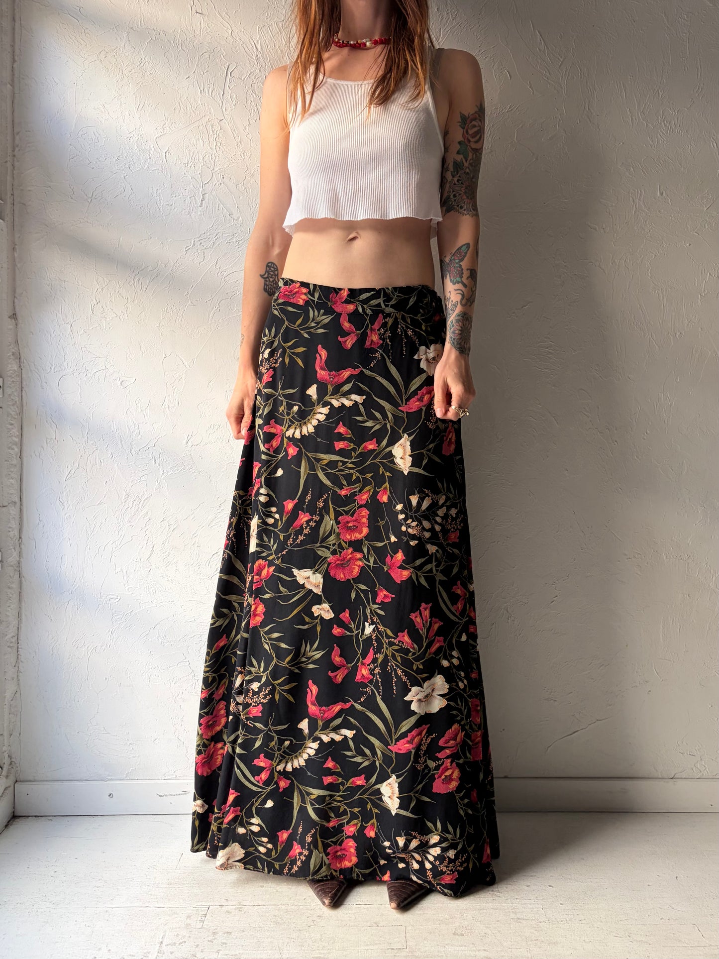90s 'Sareet' Black Floral Print Grunge Maxi Skirt / Large