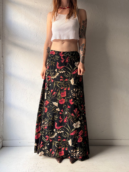 90s 'Sareet' Black Floral Print Grunge Maxi Skirt / Large
