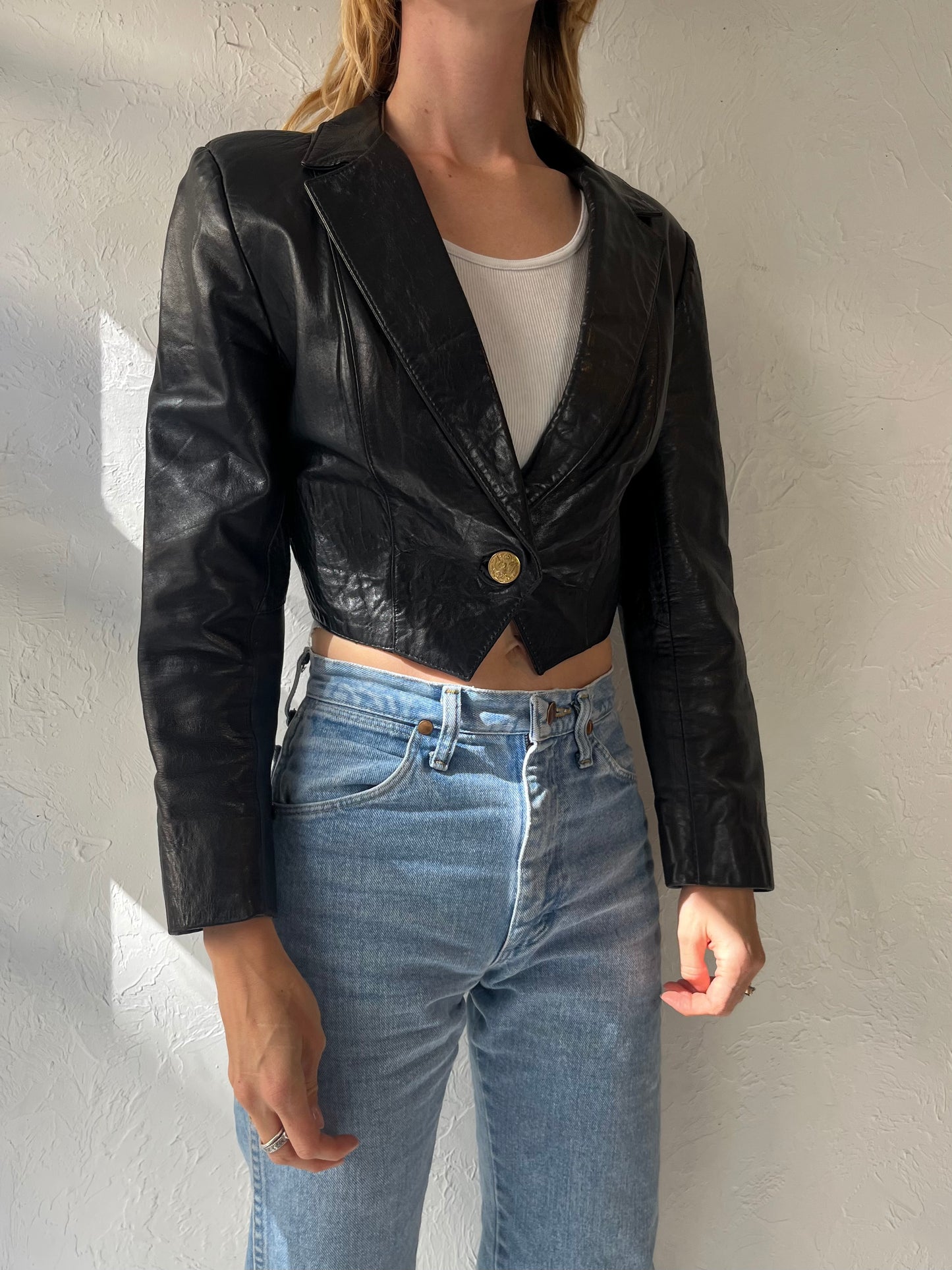 80s 'Leather Factory' Cropped Black Leather Jacket / XS