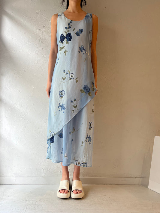 90s ‘Claude Rene’ Blue Floral Print Maxi Dress / Large