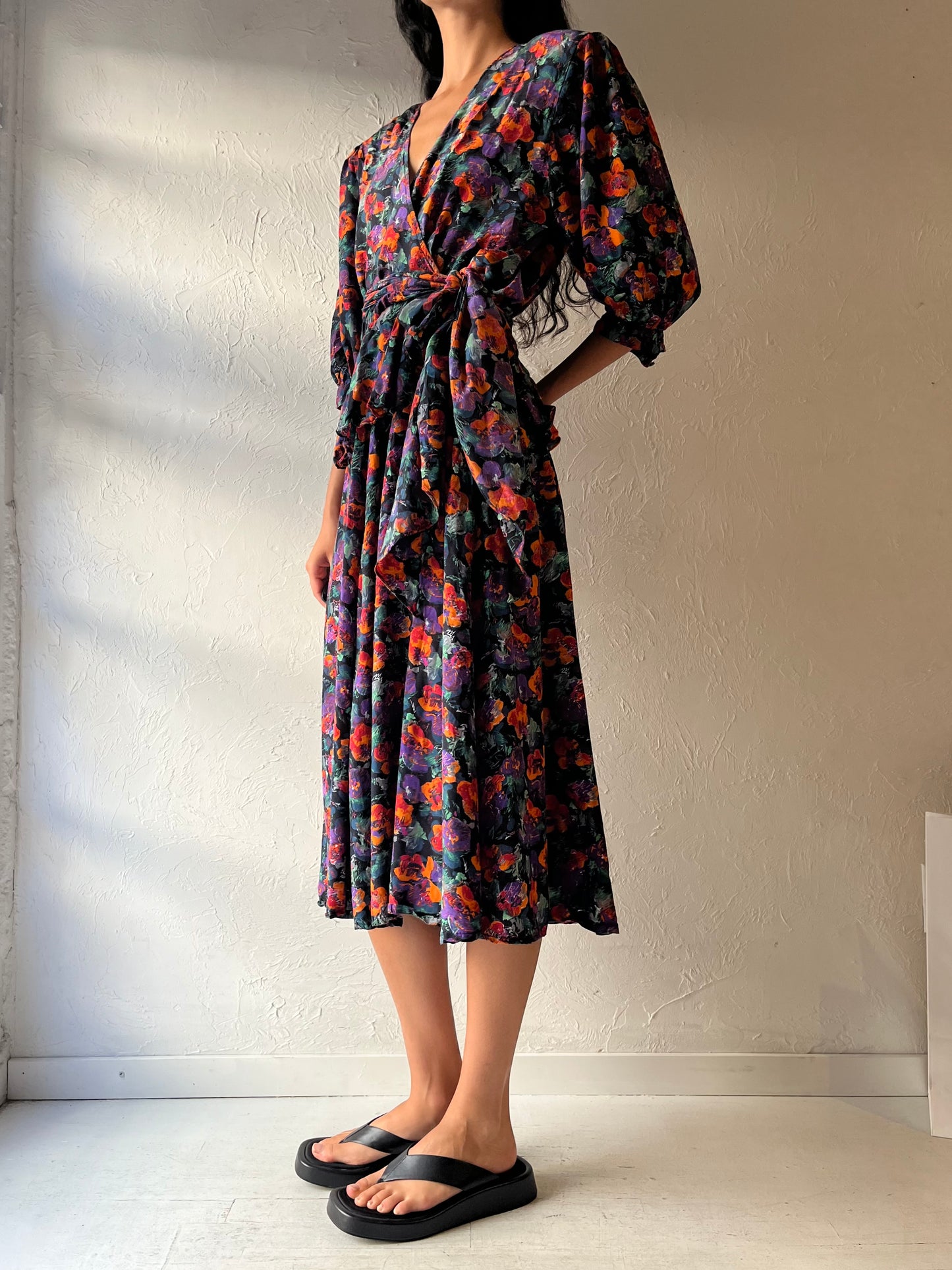 80s 'Jaegar' Floral Print Midi Dress / Small