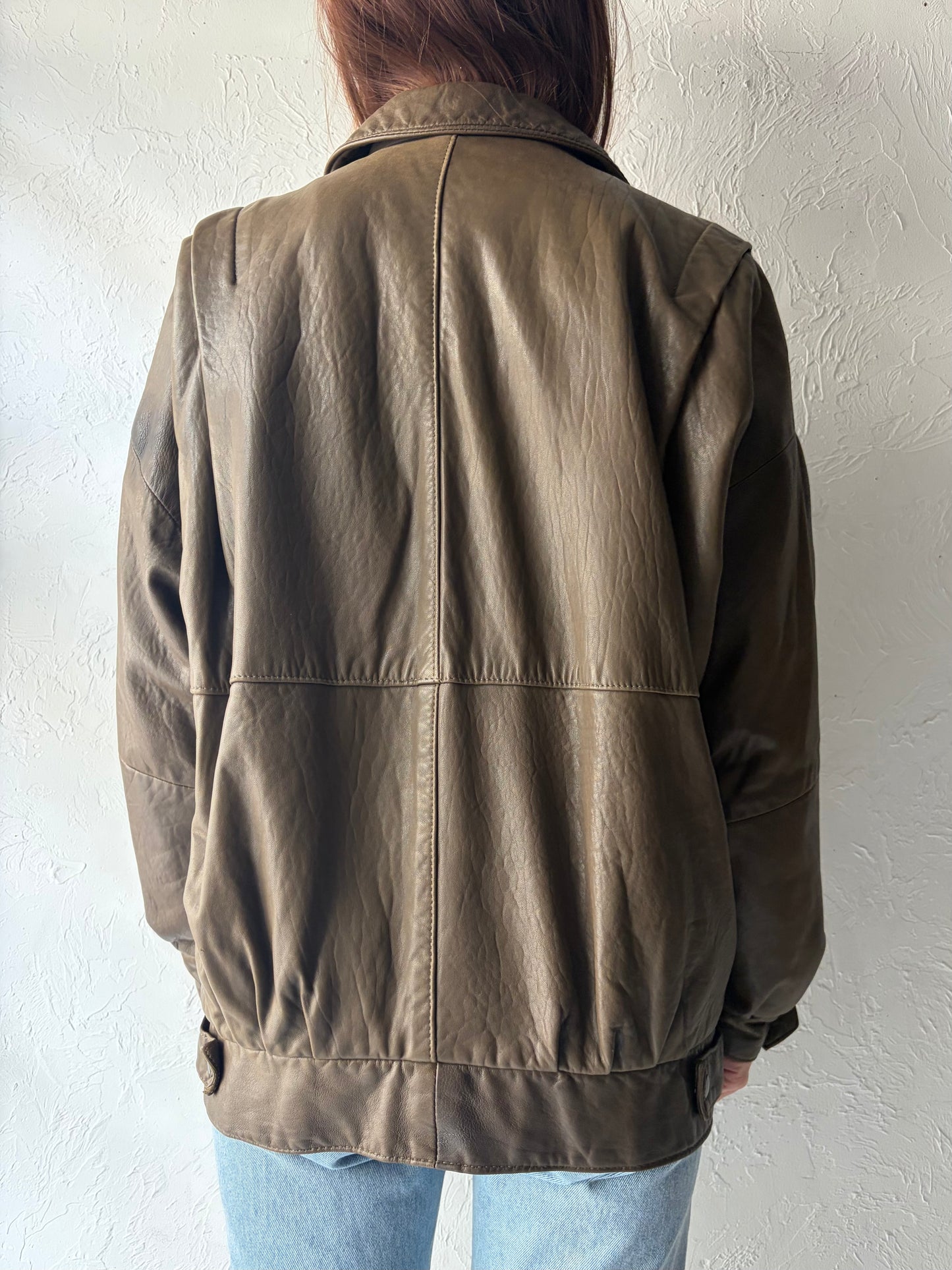 90s 'Le Chateau' Olive Green Leather Retro Bomber Jacket / Vintage 1990s Minimalist Street Wear Jacket / Medium/
