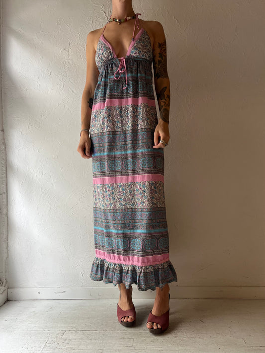 Y2k 'Subduction' Paisley Floral Hippie Boho Cottagecore Summer Festival Maxi Halter Dress / Small