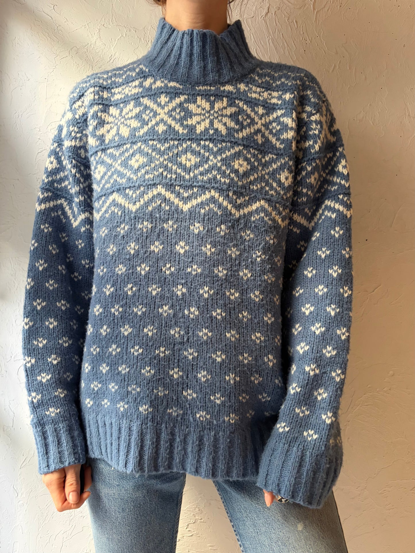 90s 'Denver Hayes' Baby Blue Snow Flake Sweater / Large