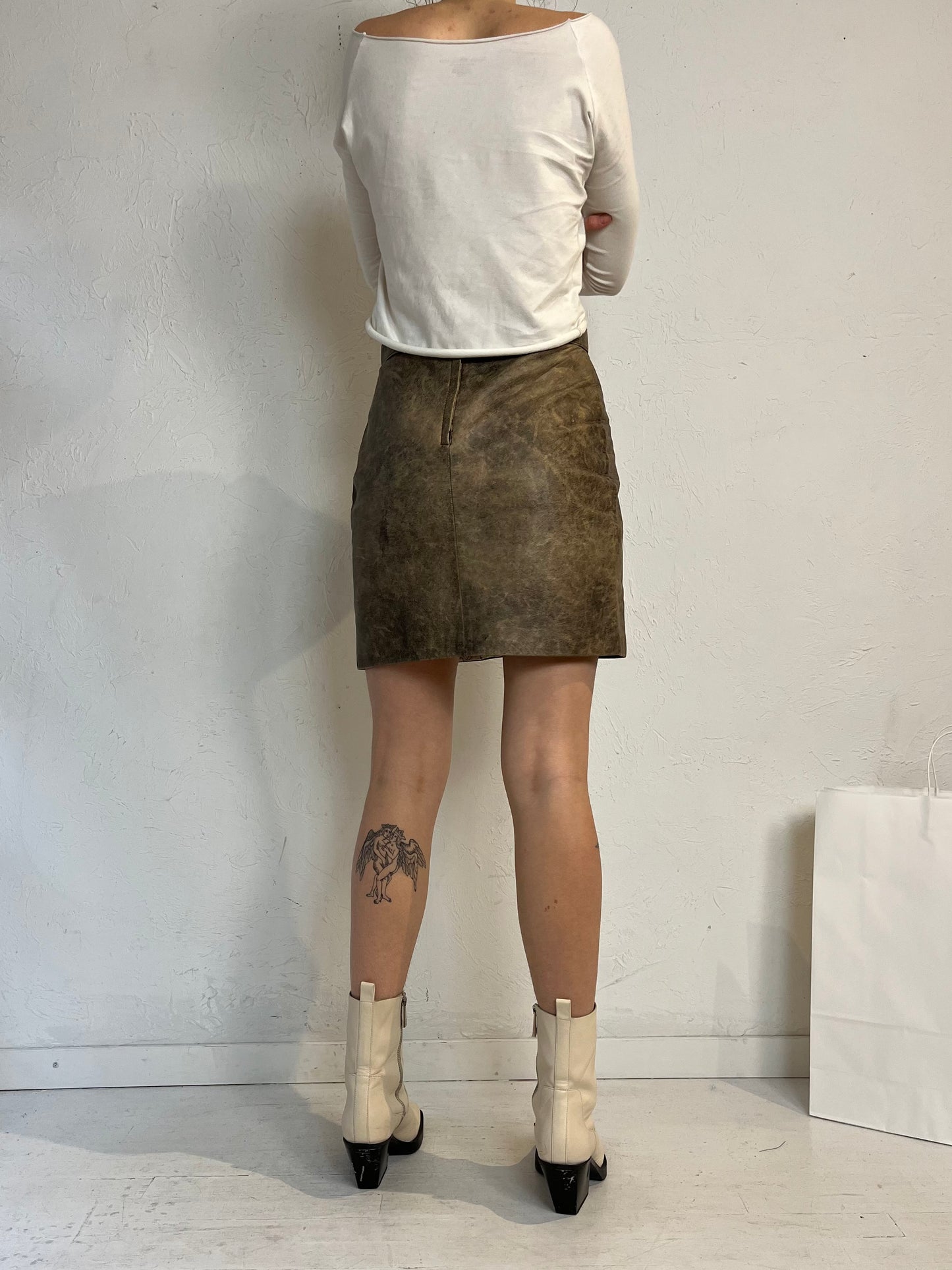 90s Brown Leather Mini Skirt / Small