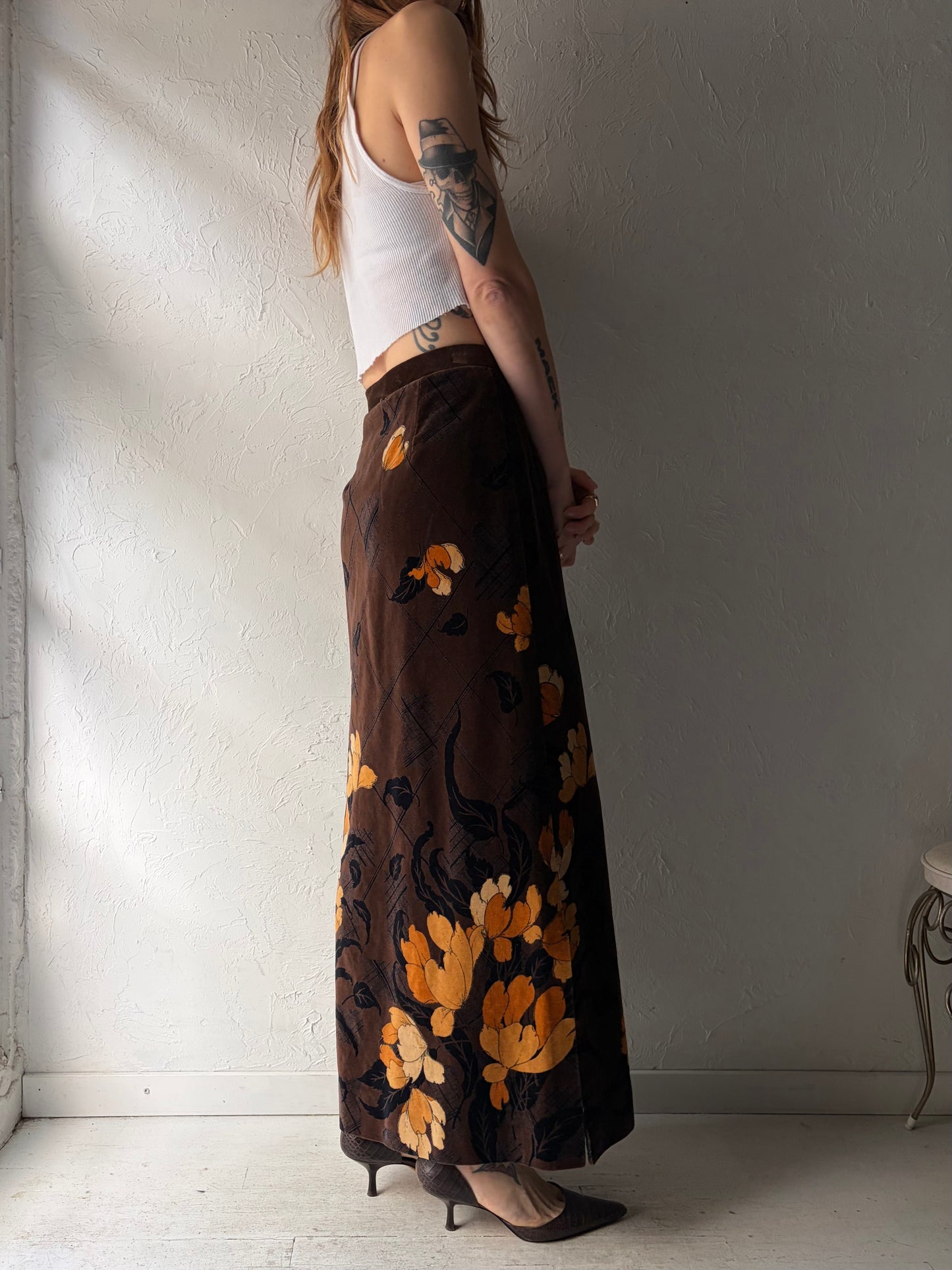 70s 'Tan Jay' Brown Velvet Floral Maxi Skirt / Small