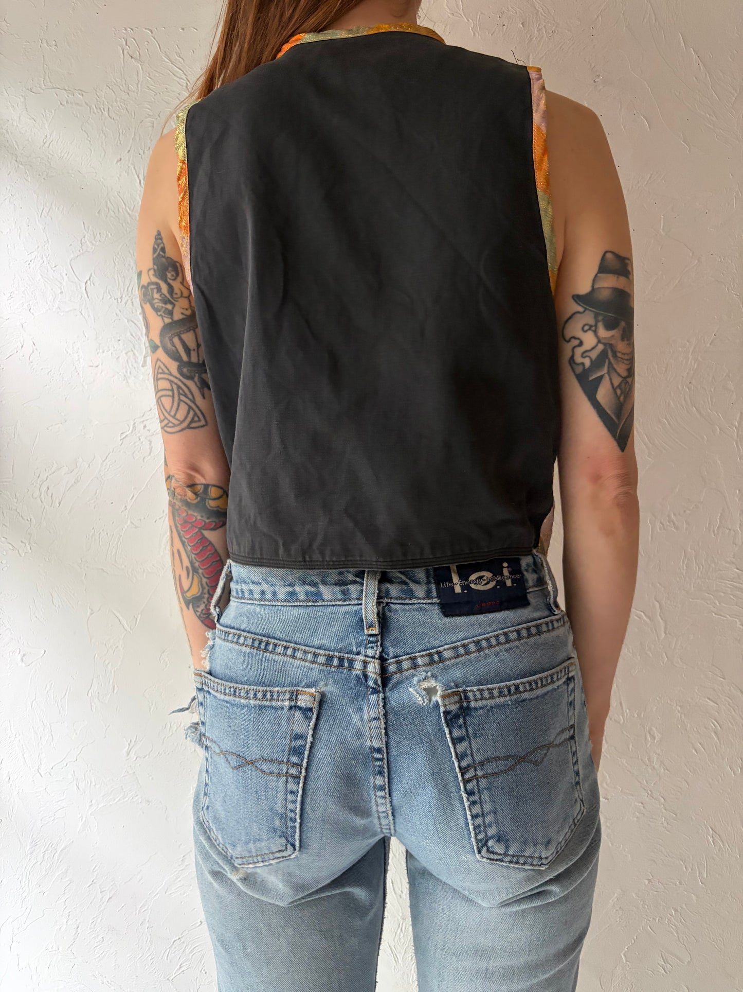 90s 'No!' Metallic Floral Patterned Retro Vest / Vintage 1990s Grunge Vest / Small