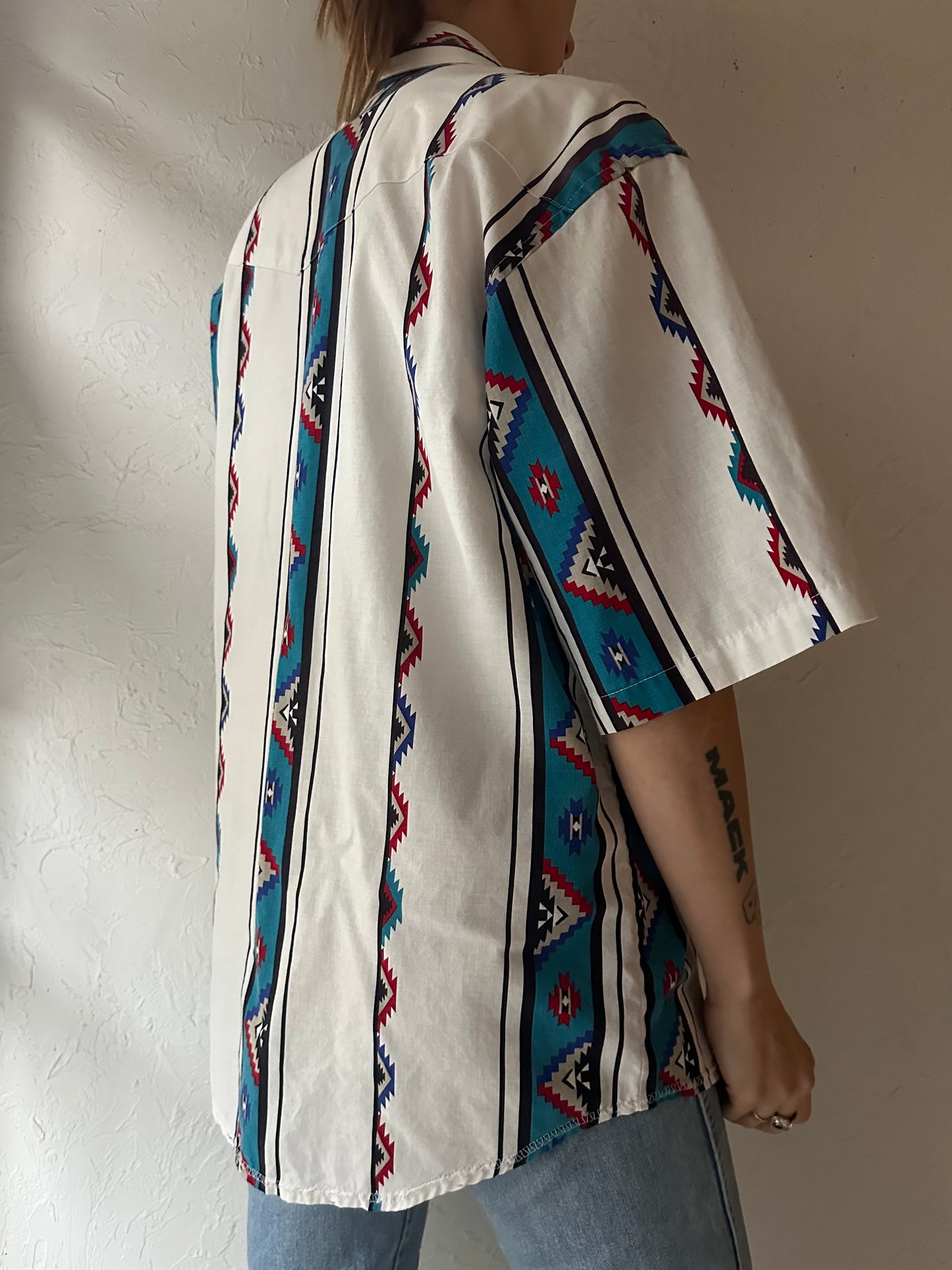 90s 'Wrangler' Aztec Snap Up Western Shirt / Large