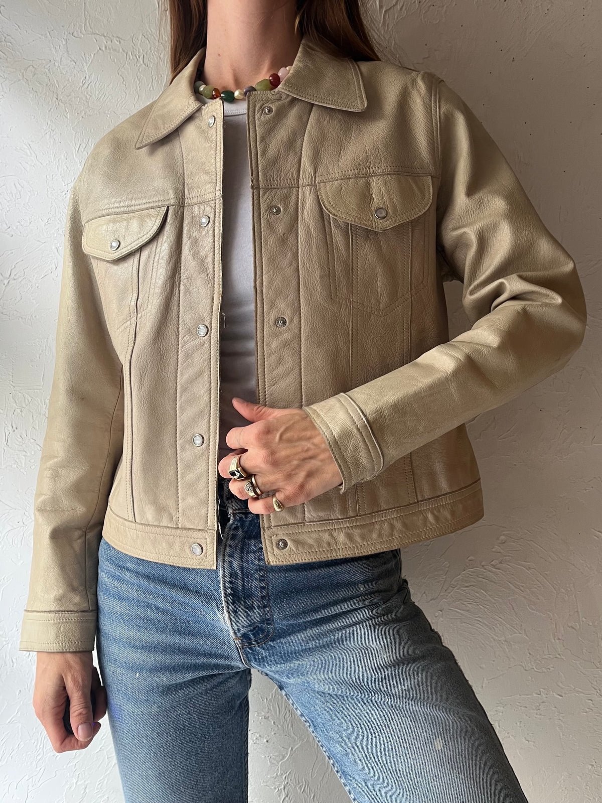 90s 'Wilsons Maxima' Cream Leather Jacket / Medium