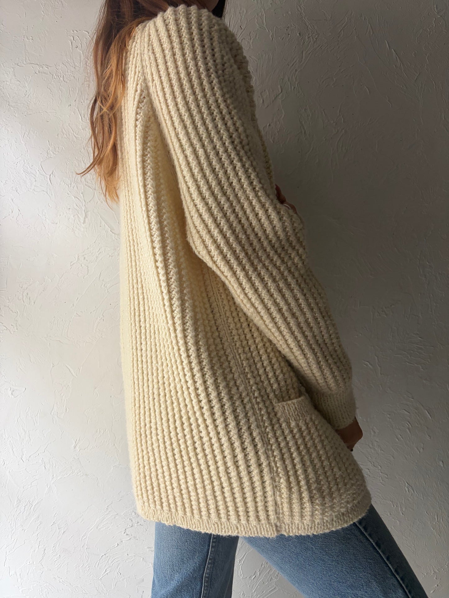 Vintage Cream Knit Acrylic Cottagecore Grannycore Cardigan Sweater / Medium