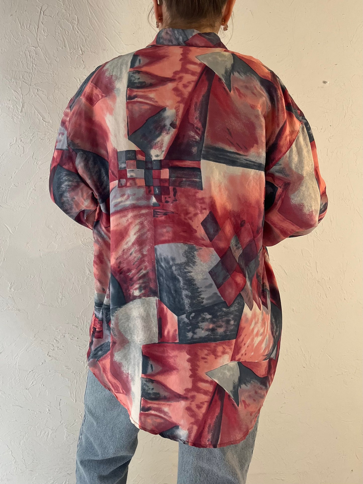 90s ‘Emblem’ Silk Button Up Blouse / Medium