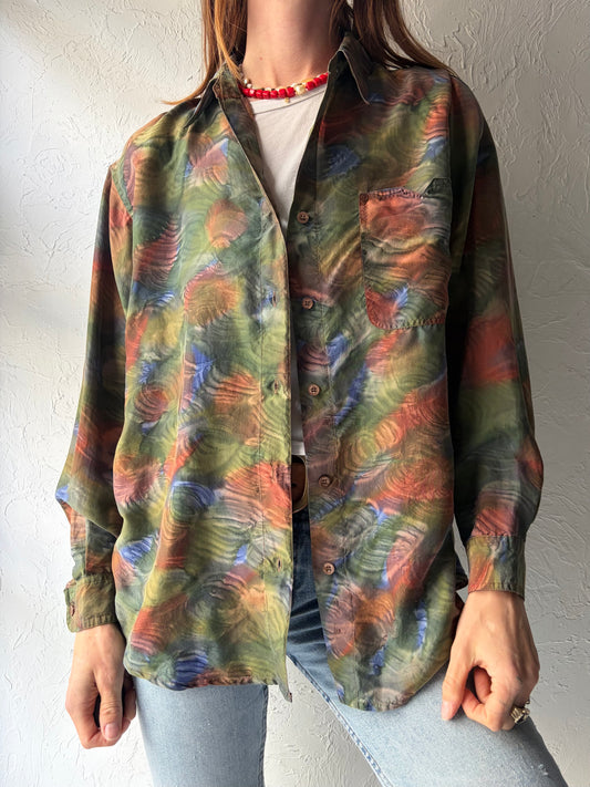 90s 'Lady Footlocker' Green Silk Blouse / Medium