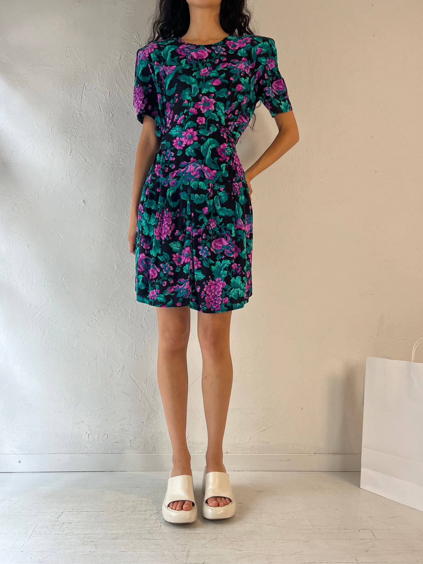 80s 'Vittoria Virini' Floral Print Midi Dress / Medium