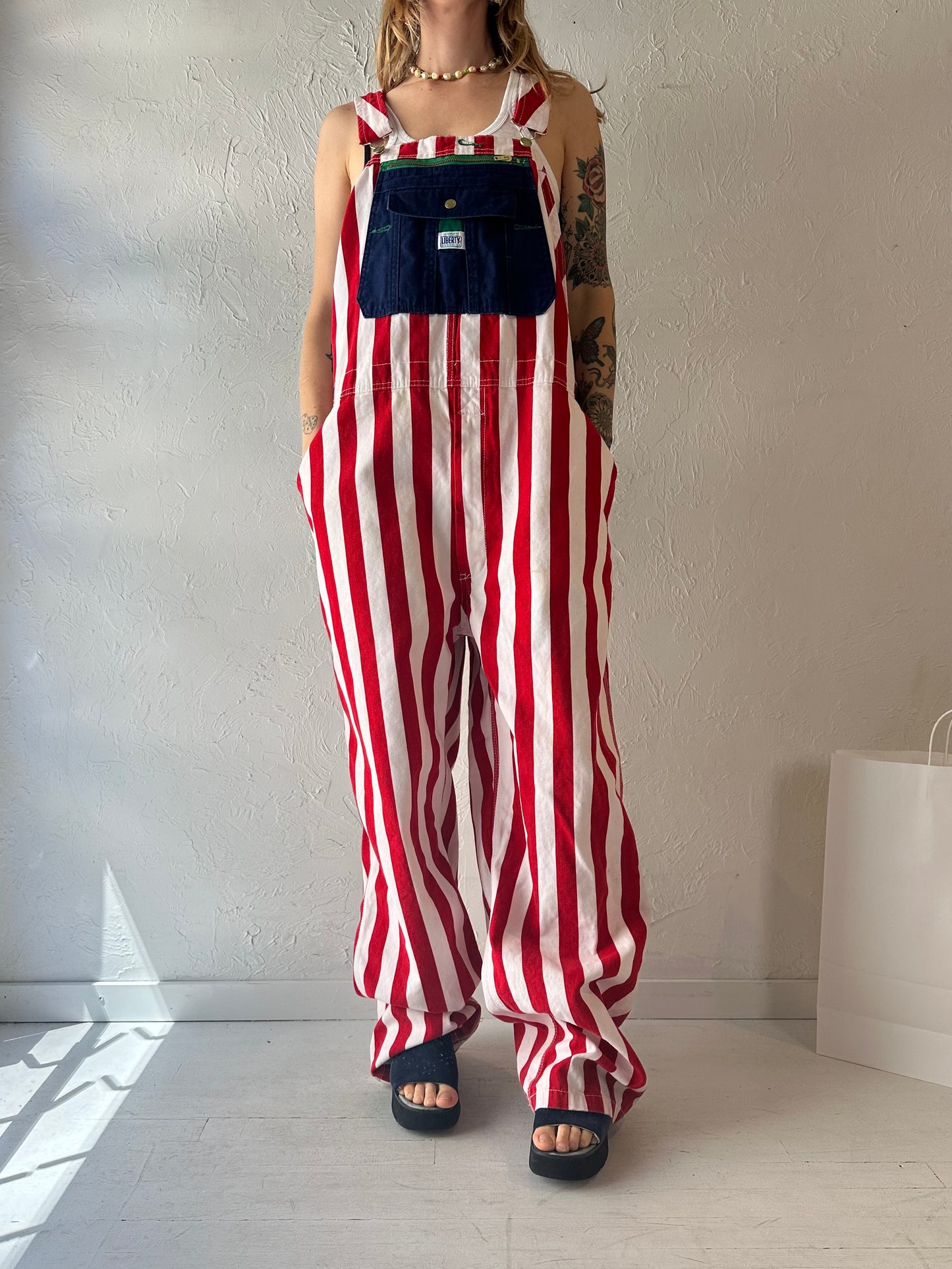 Y2k 'Liberty' Striped Denim Overalls / XL