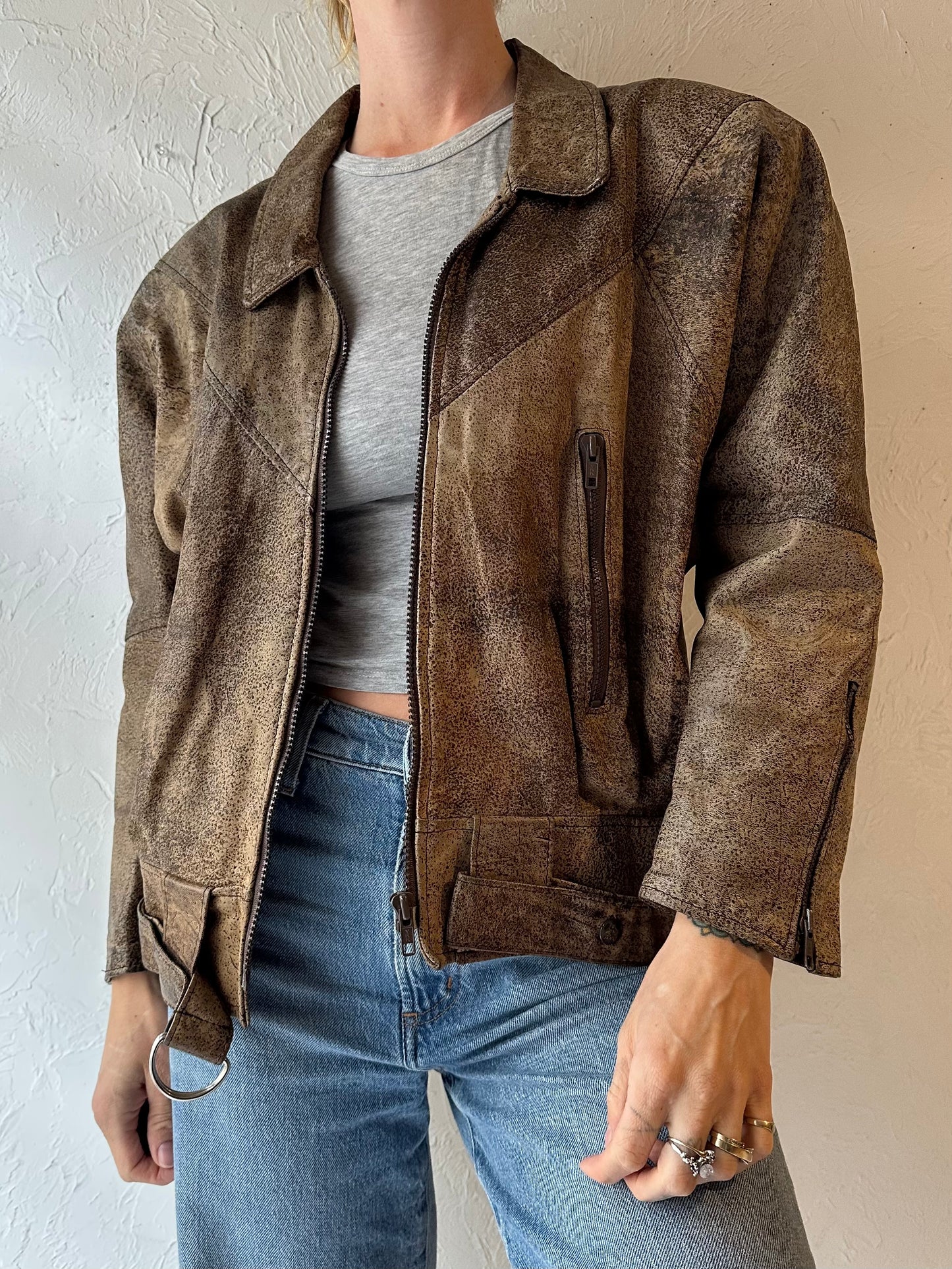 80s ‘Leather Ranch’ Brown Leather Bomber Jacket / Small