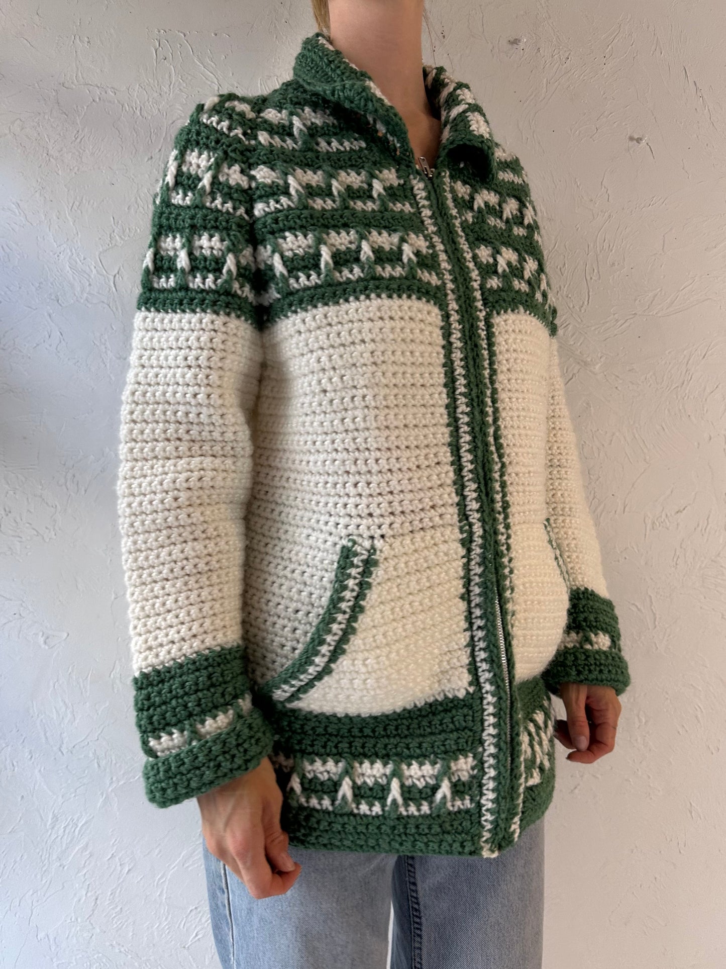 Vintage Hand Knit Green and White Acrylic Cardigan Sweater / Medium - Large