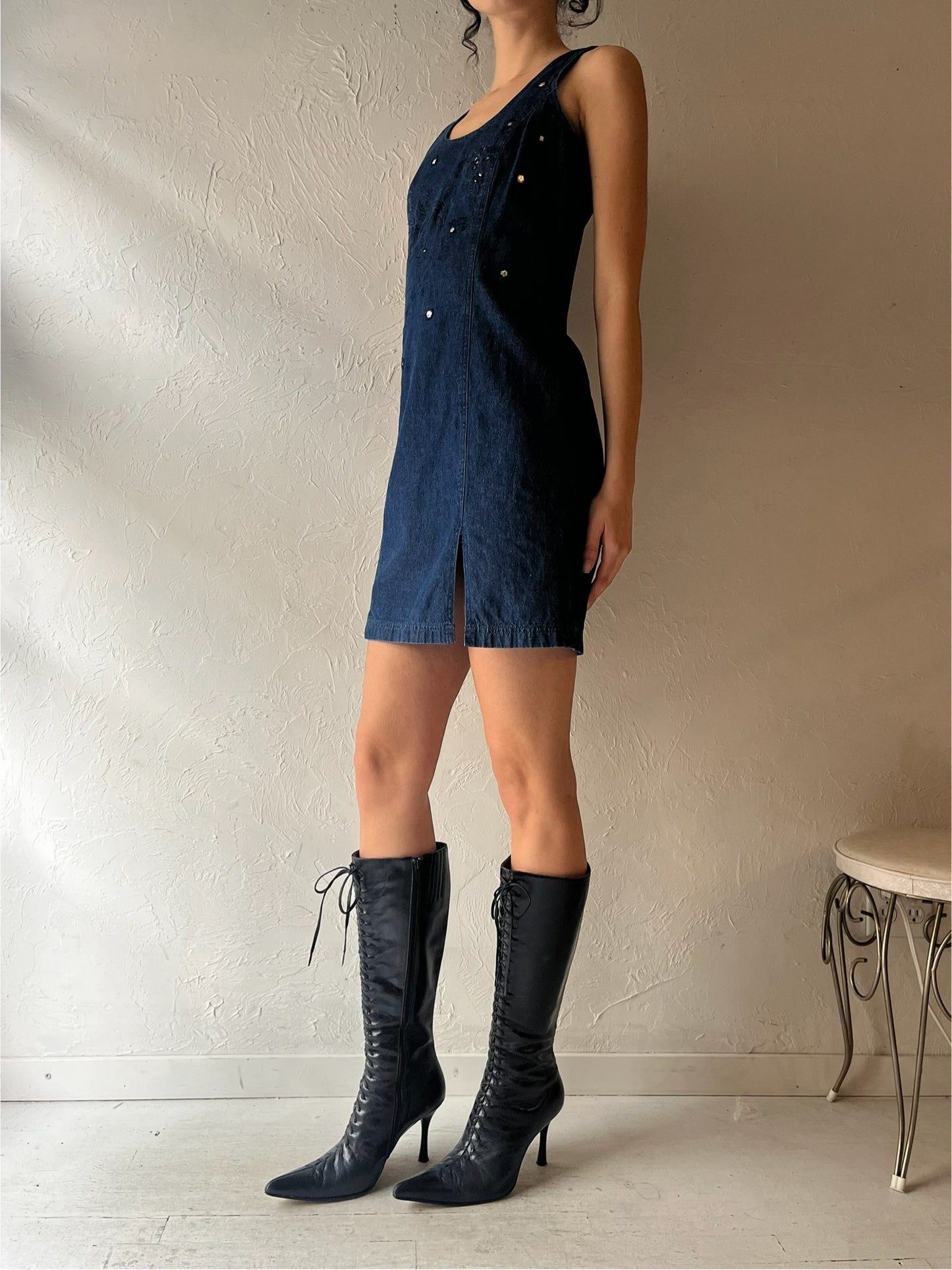 90s 'Together' Denim Mini Dress / Small