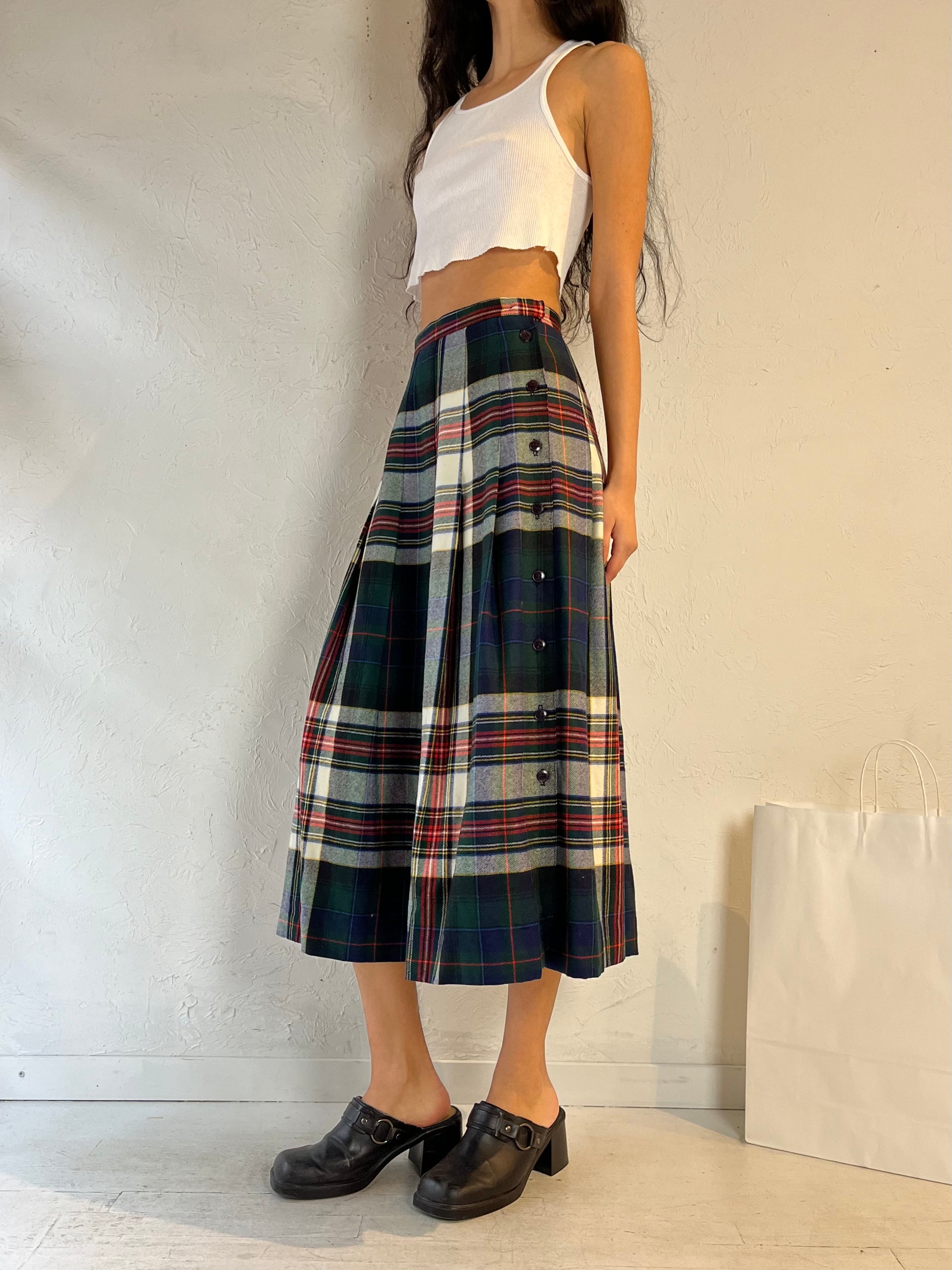 80s ‘Tica’ Plaid Wool Pleated Midi Skirt / Small