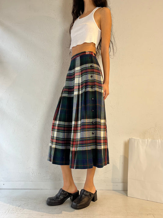 80s ‘Tica’ Plaid Wool Pleated Midi Skirt / Small