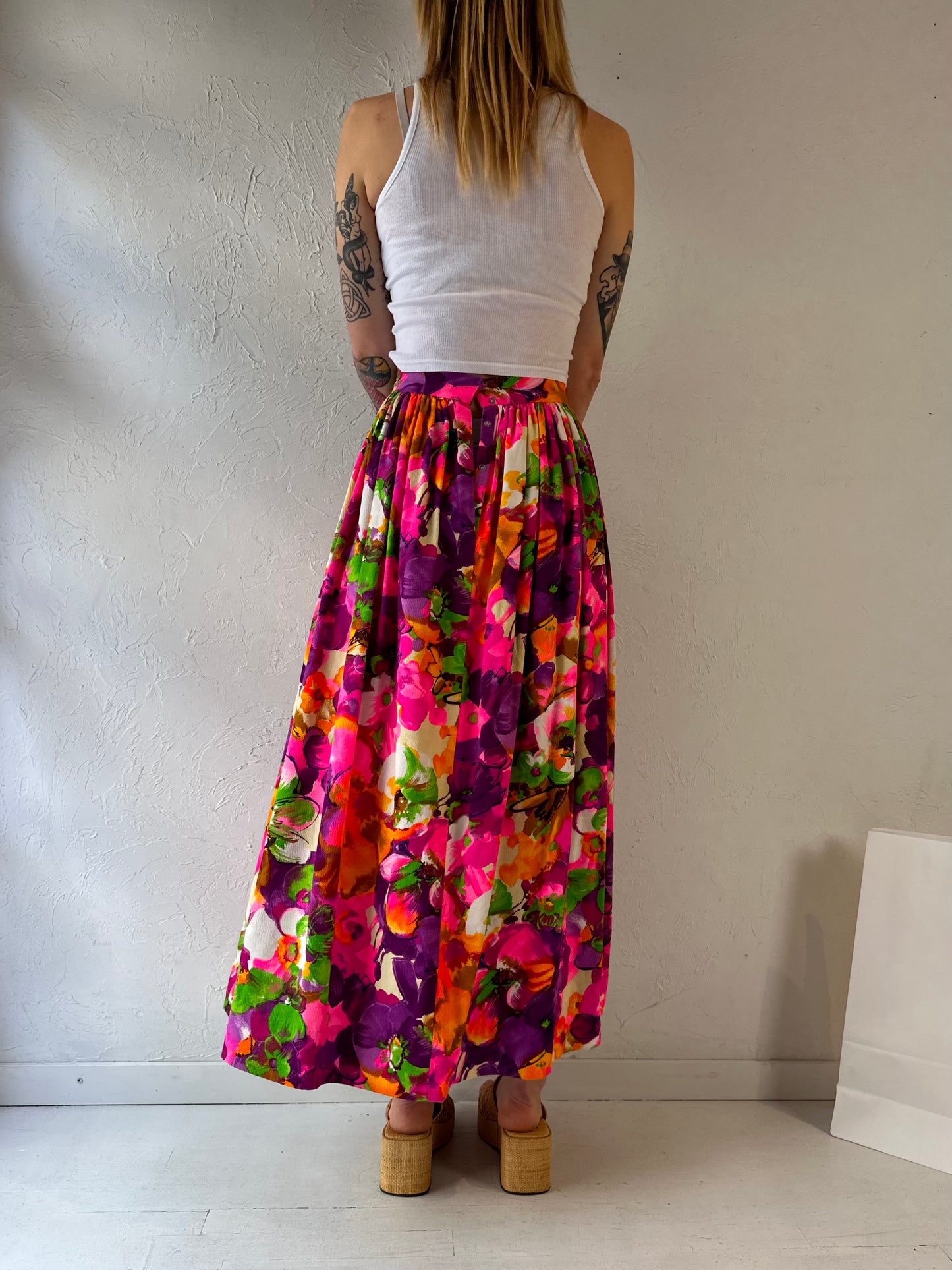 70s Handmade Floral Midi Skirt / Small