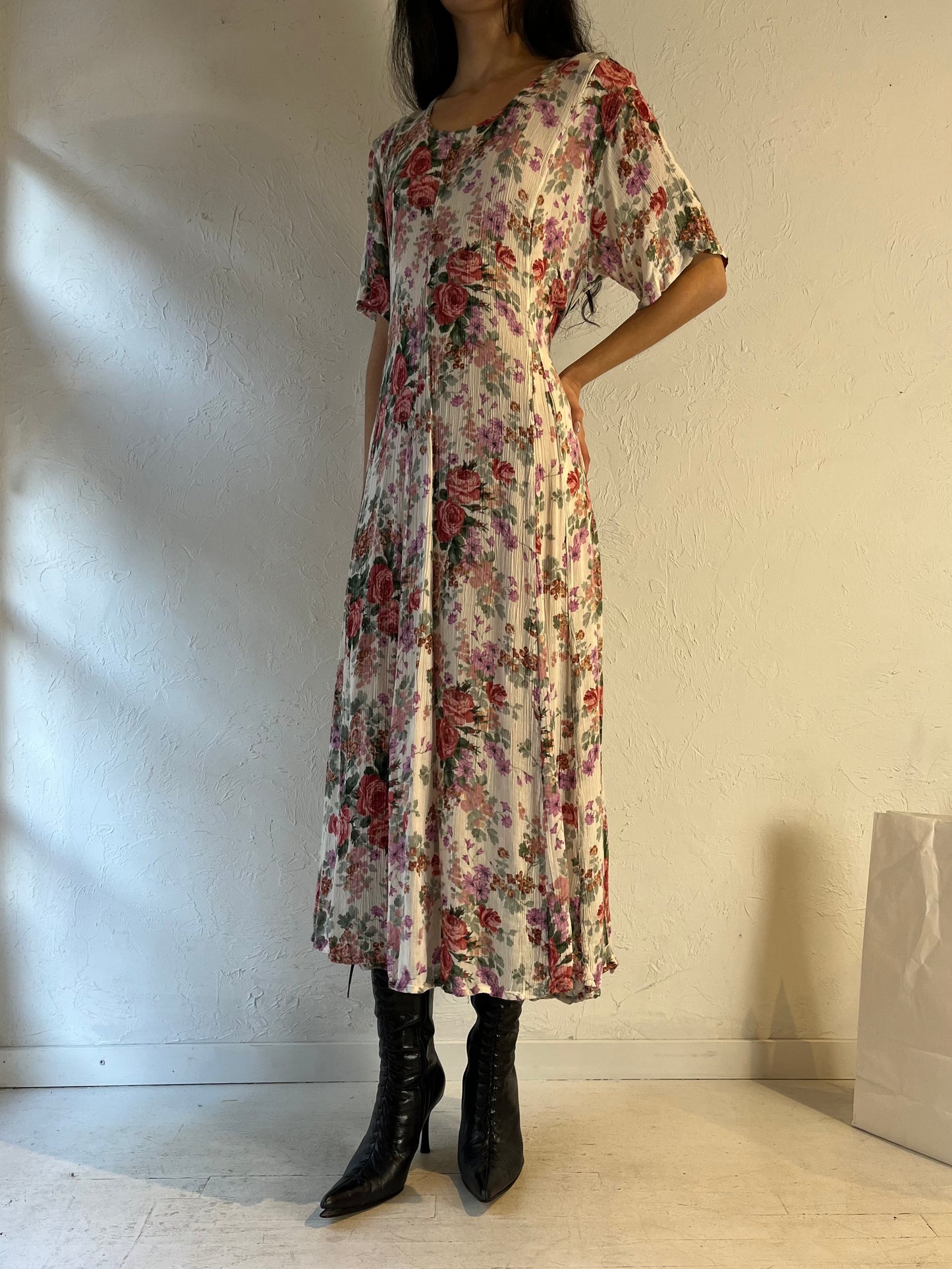 90s Floral Print Rayon Maxi Dress / Large