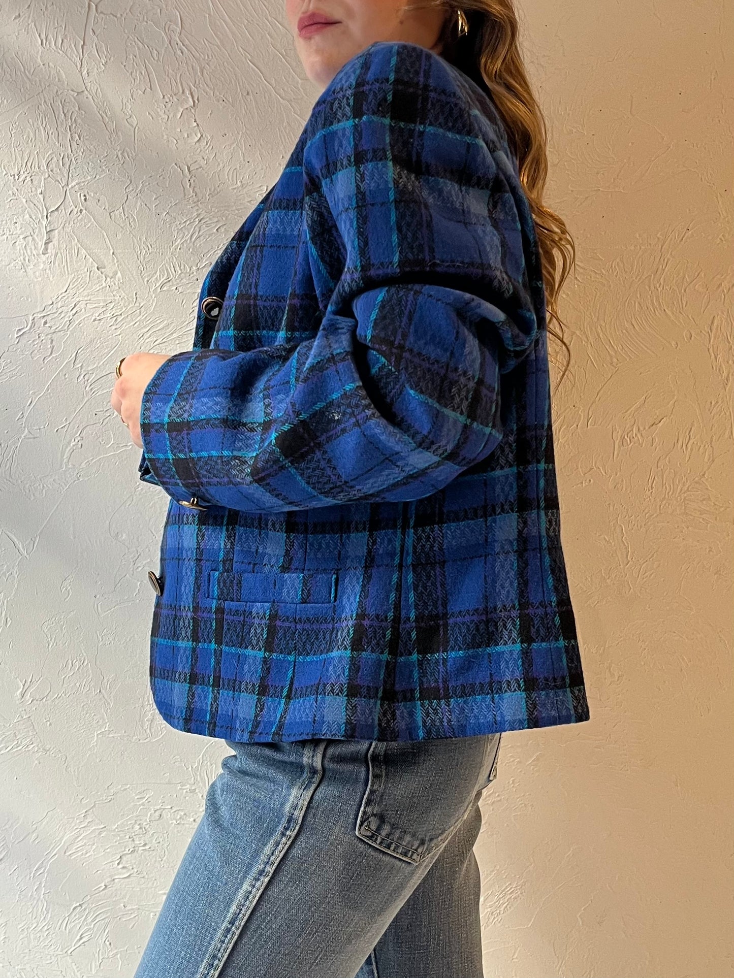 80s ‘Pendleton’ Blue Plaid Knit Wool Jacket / Large