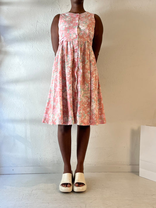 Vintage Handmade Pink Floral Midi Dress / Medium