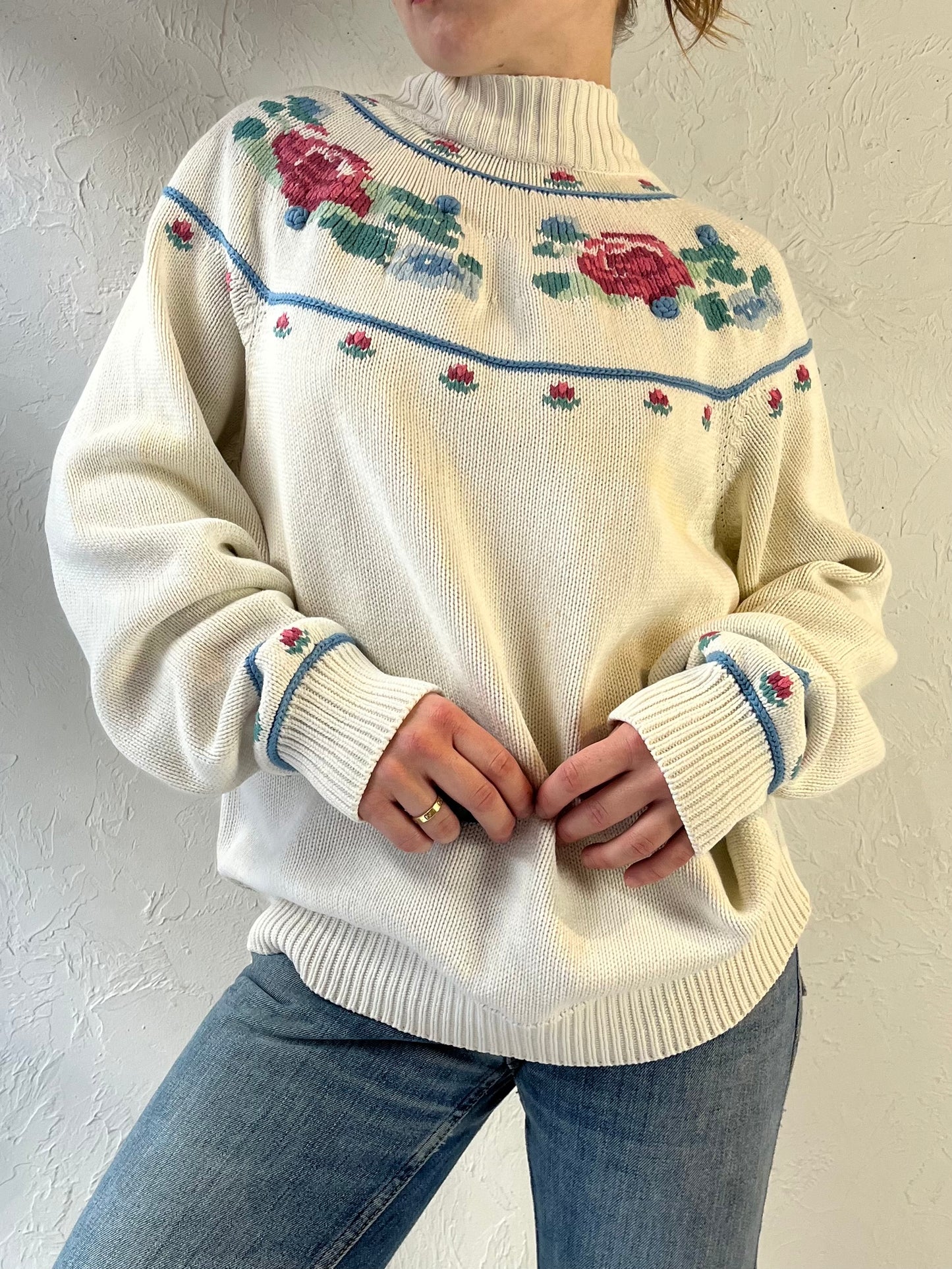 90s ‘North Country’ Floral Knit Sweater / Medium