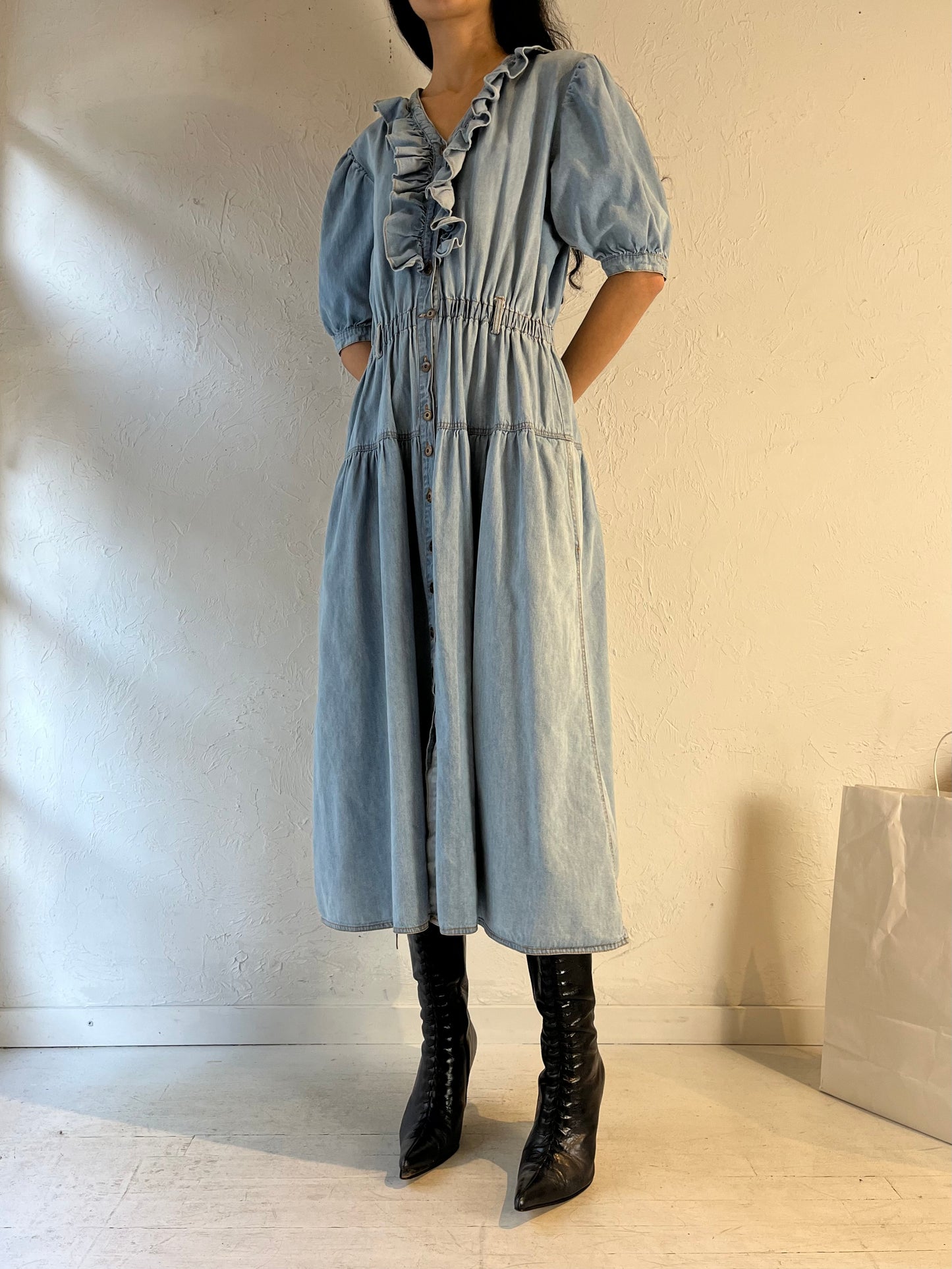 90s ‘Uni Mondo’ Ruffle Denim Dress / Large