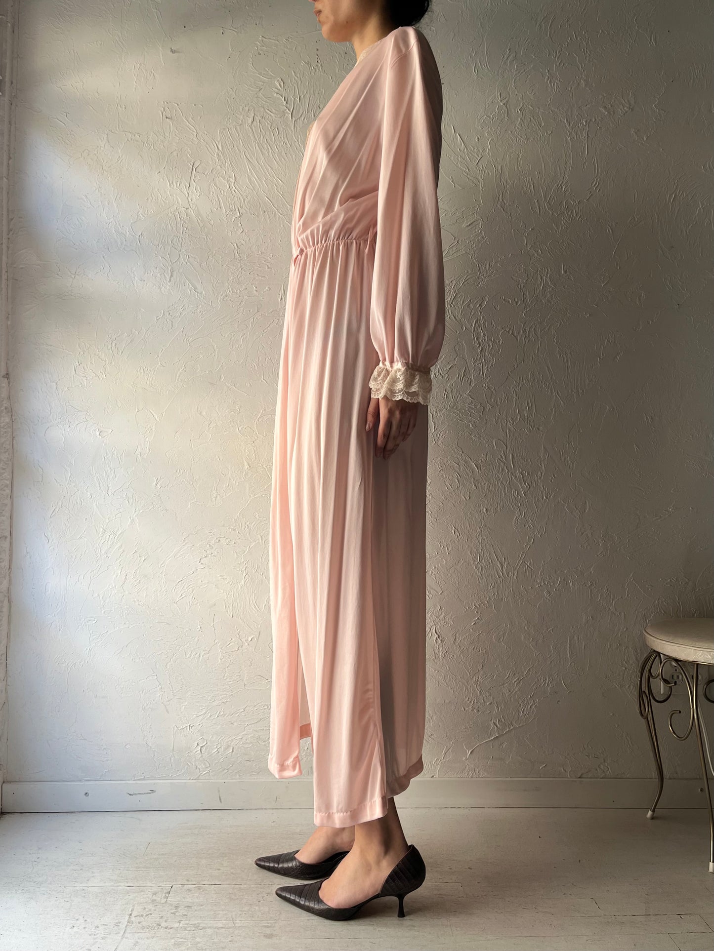 80s 'Avon' Romantic Pink Nylon Robe Slip Dress / Small