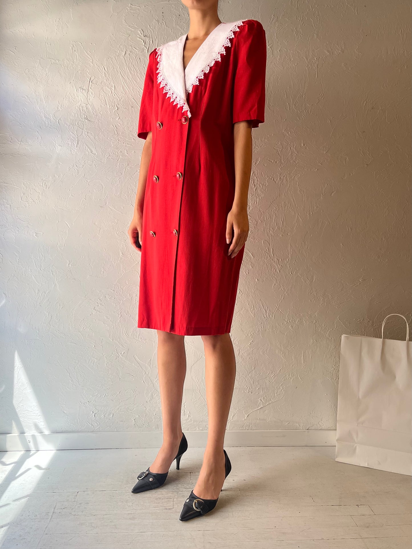 80s ‘Nancy G’ Red Collared Midi Dress / Medium - Large
