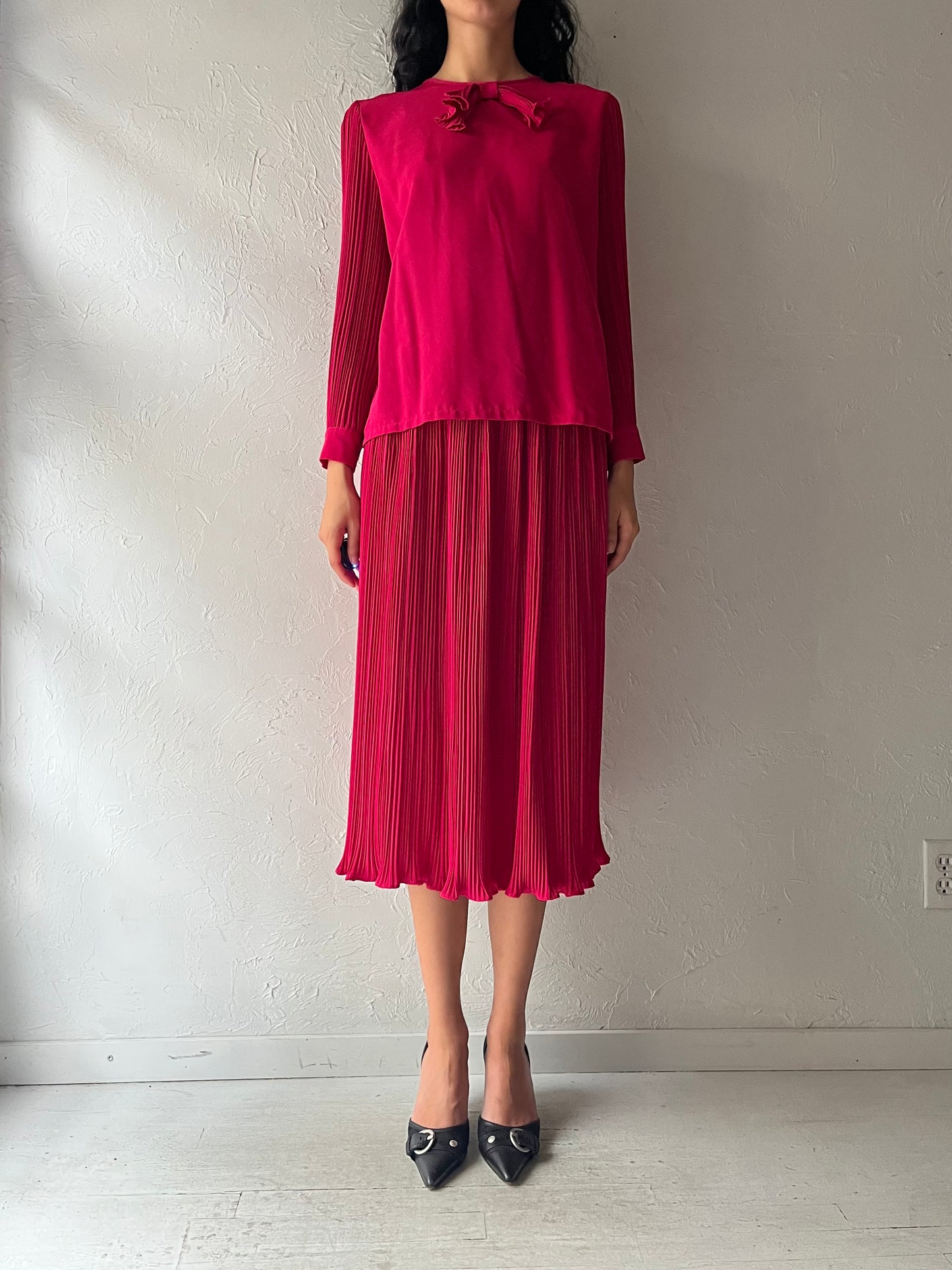 80s 'Koret' Hot Pink Long Sleep Blouse Skirt Set / Union Made / Small