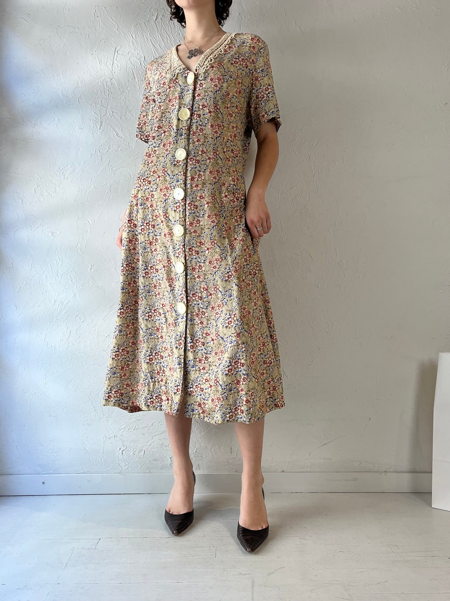 90s Beige Floral Print Rayon Dress / Large