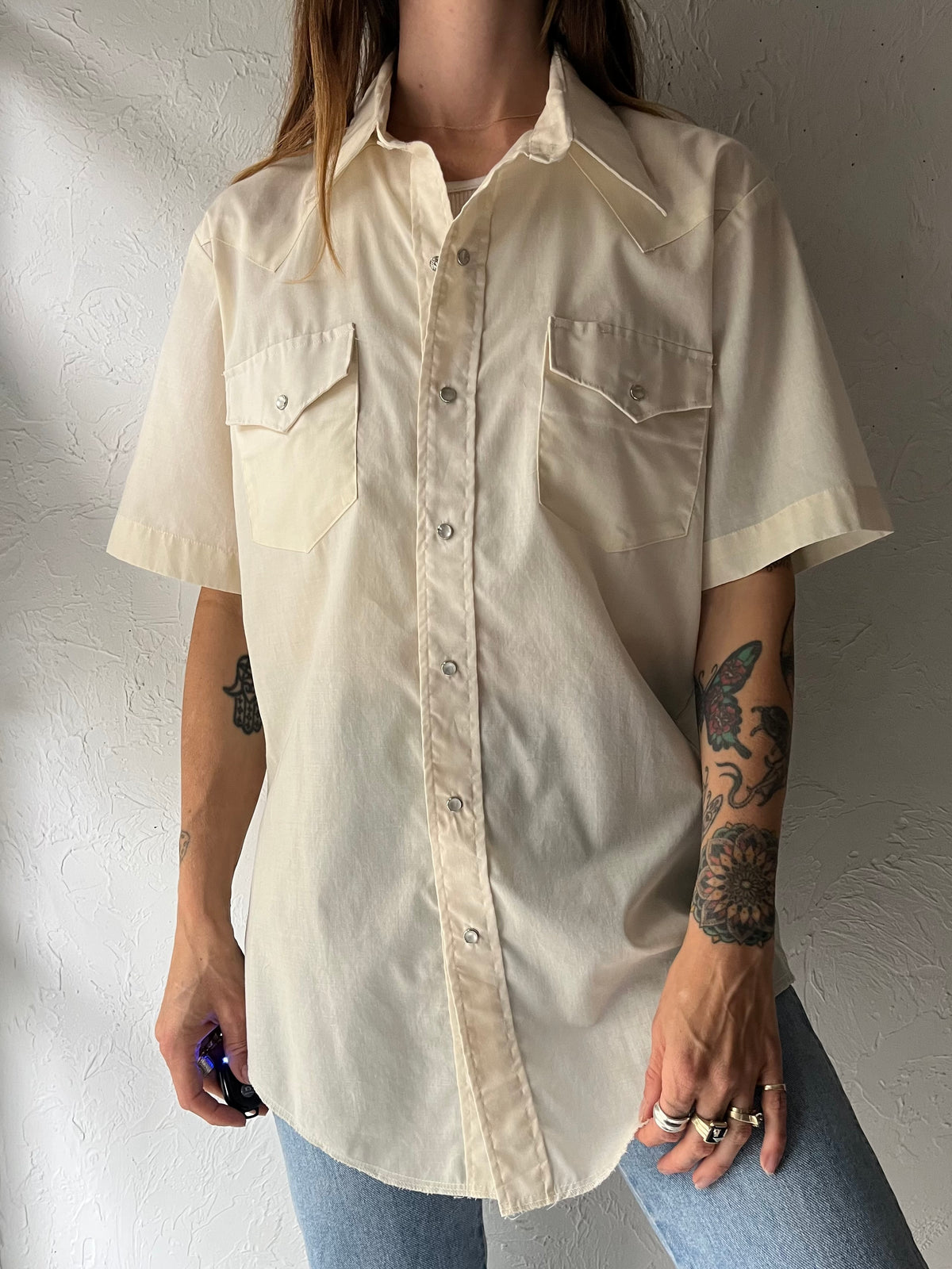 90s 'Western Fashions' Cream Pearl Snap Shirt / Medium
