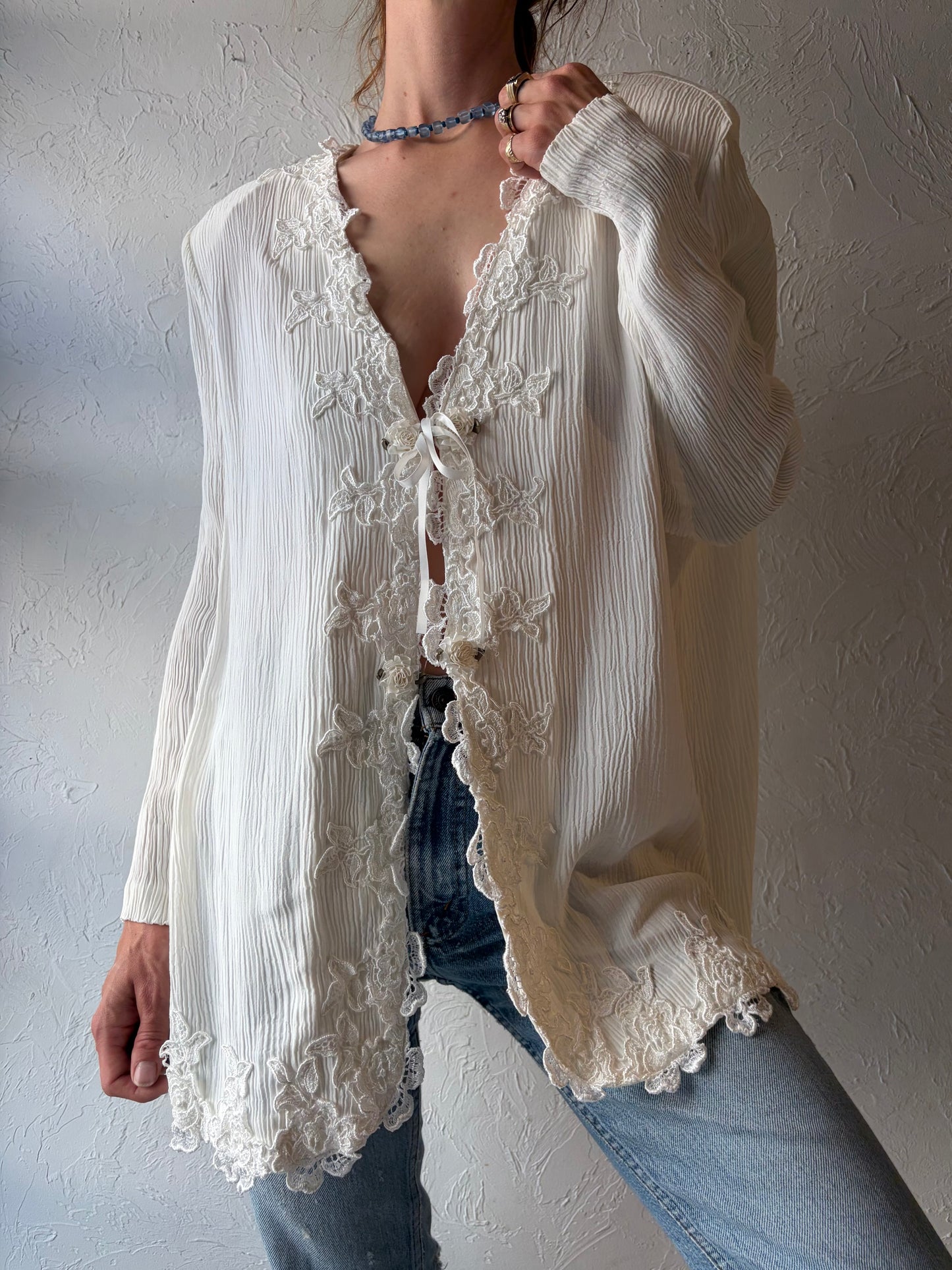 80s 'SL Fashions' White Long Sleeve Jacket Top / XL