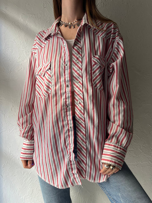 Y2k 'Wrangler' Red Striped Western Cowboy Workwear Snap Up Shirt / Large