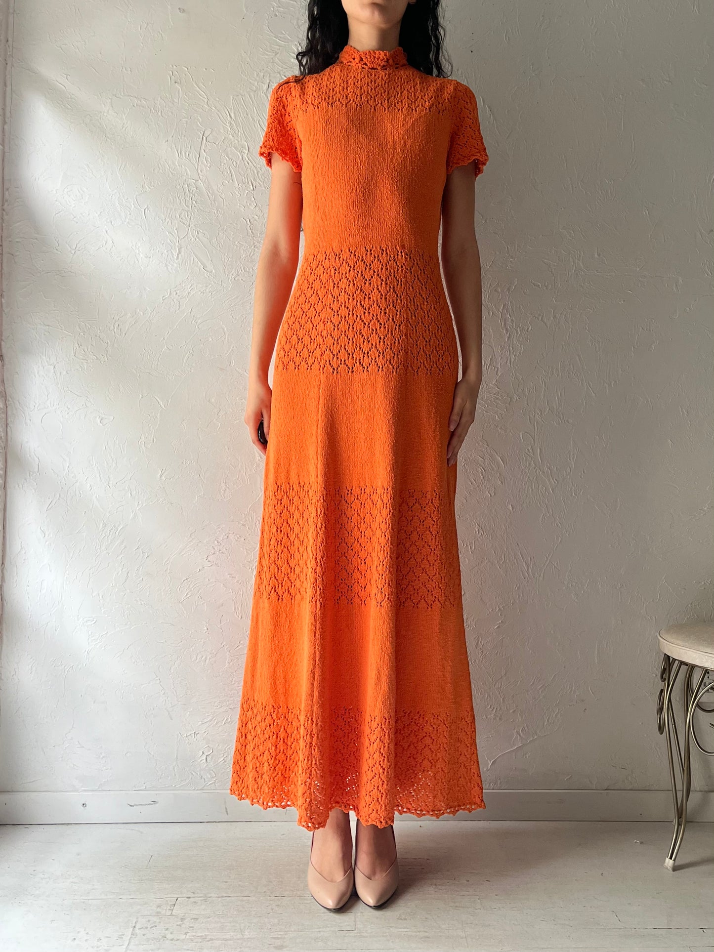 80s Vintage Orange Retro Boho Knit Maxi Dress / Medium