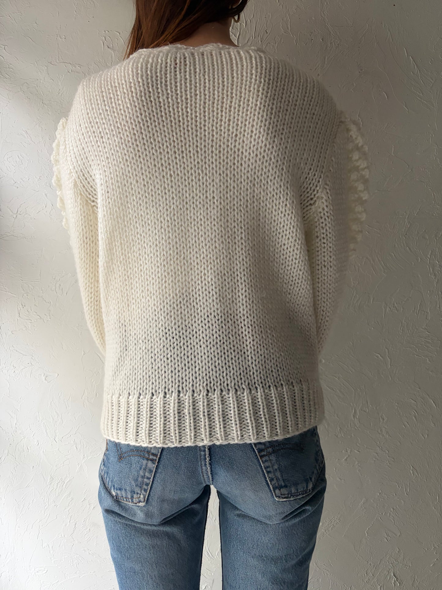 90s 'JS' White Acrylic Retro Crew Neck Knit Sweater / Vintage 1990s Minimalist Winter Pullover / Large